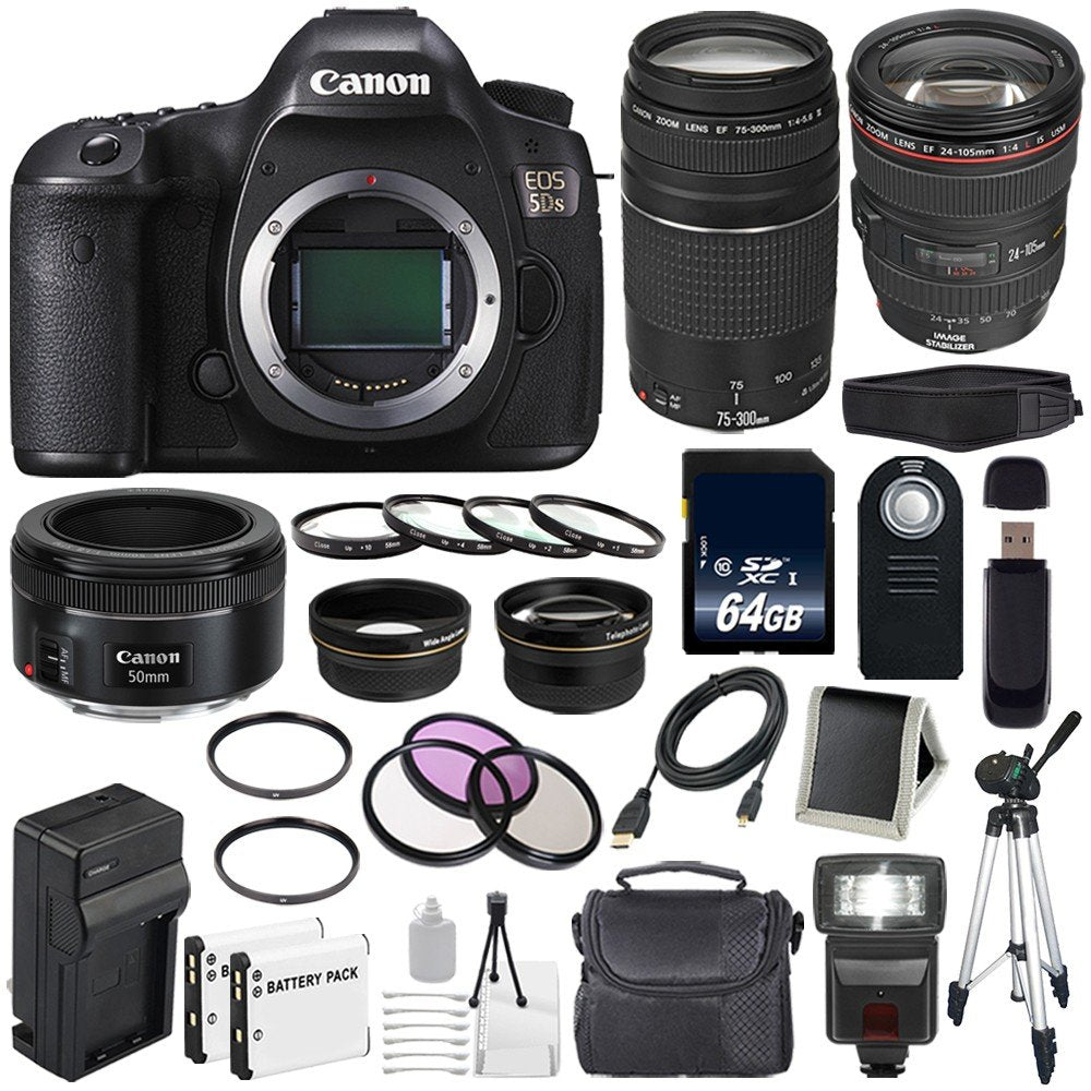 Canon EOS 5DS DSLR Camera (International Model) 0581C002 + Canon EF 24-105mm f/4L is USM Lens + Canon EF 75-300 III Lens Ultimate Bundle