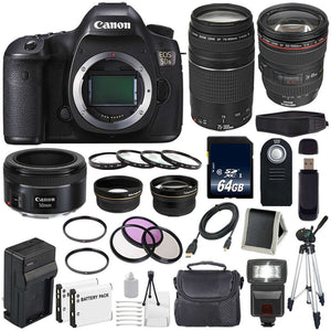 Canon EOS 5DS DSLR Camera International Model 0581C002 + Canon EF 24-105mm f/4L is USM Lens + Canon EF 75-300 III+ EF 50mm f/1.8 STM Lens + LP-E6 Replacement Battery + Charger Bundle - Used Canon