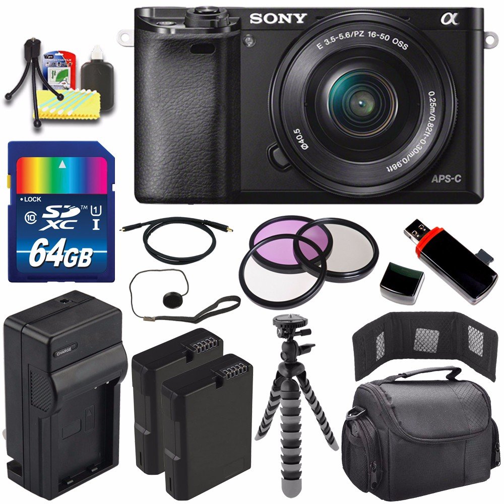 Sony Alpha a6000 Mirrorless Digital Camera with 16-50mm Lens (Black) + Battery + Charger + 64GB Bundle 6 - International