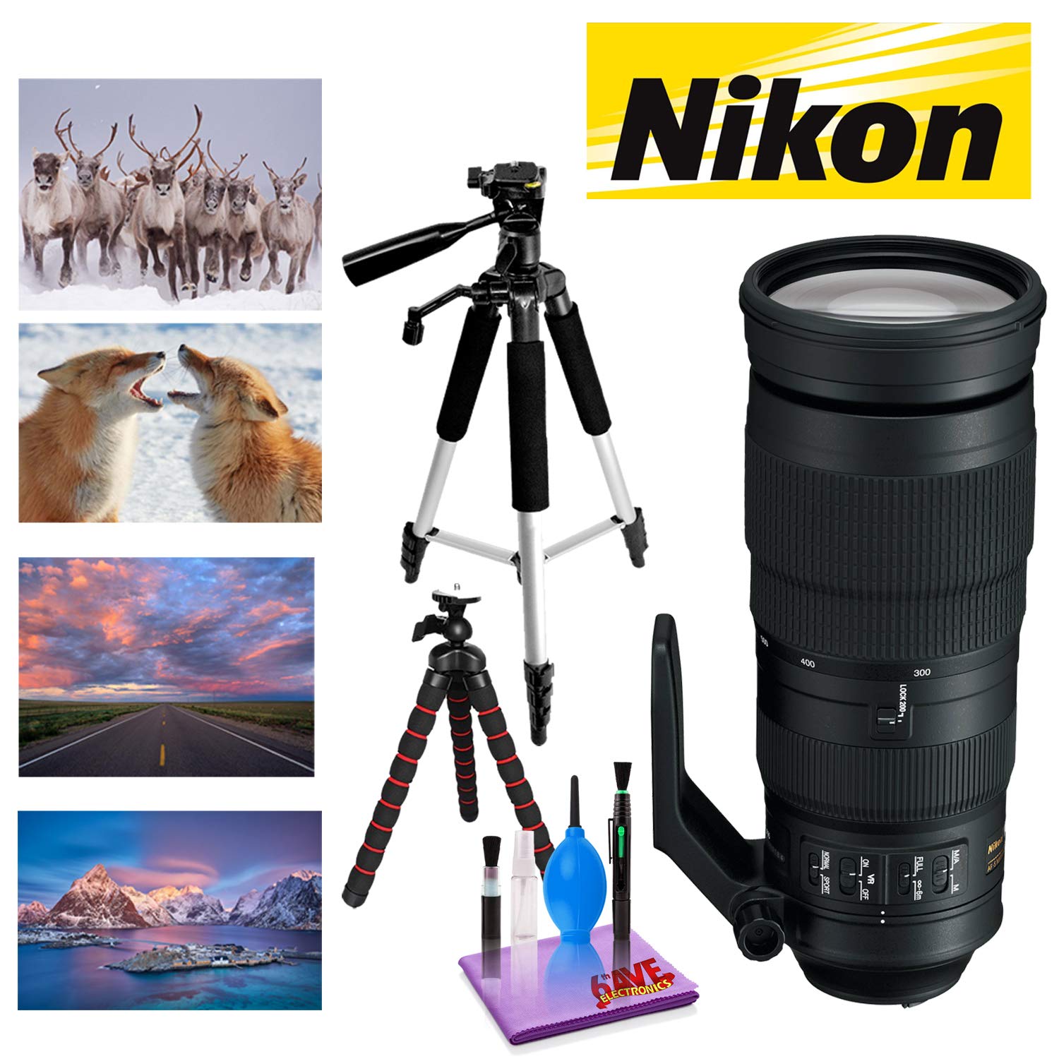 Nikon AF-S NIKKOR 200-500mm f/5.6E ED VR Lens with 12 in Flexible Tripod and 72 in Professional Heavy Aluminum Tripod