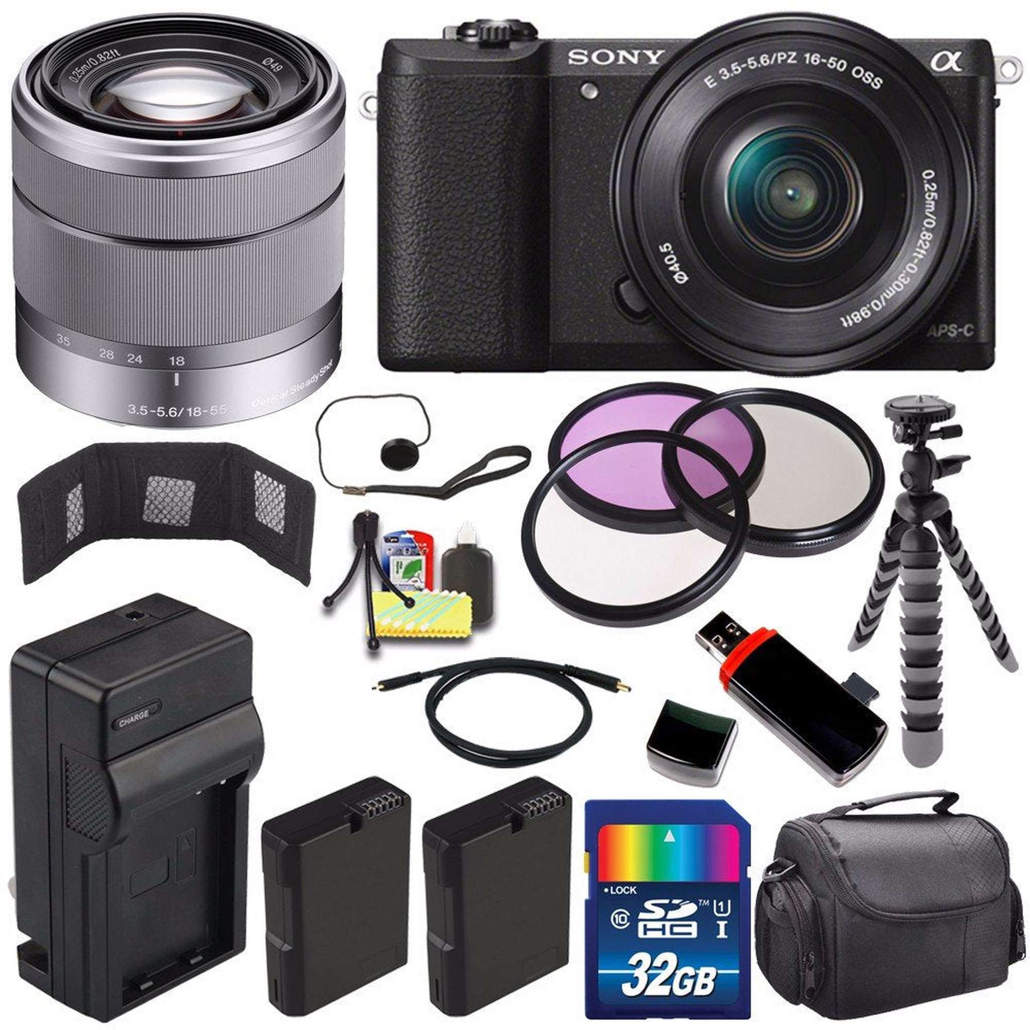 Sony Alpha a5100 Mirrorless Digital Camera with 16-50mm Lens Black + Sony SEL 1855 18-55mm Zoom Lens + 32GB Bundle 14 SONY