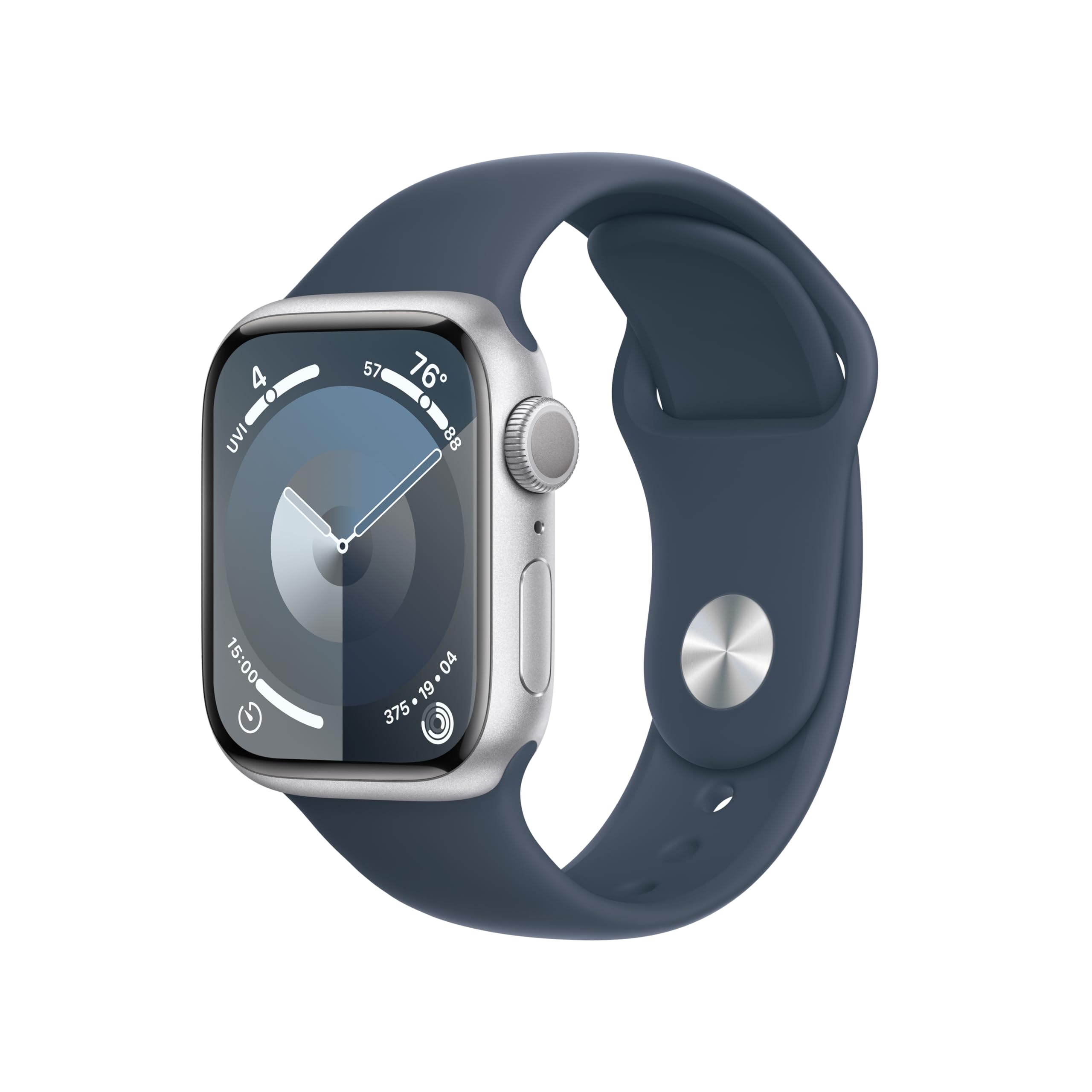 Apple Watch Series 9 [GPS 41mm] Smartwatch with Silver Aluminum Case with Storm Blue Sport Band S/M.