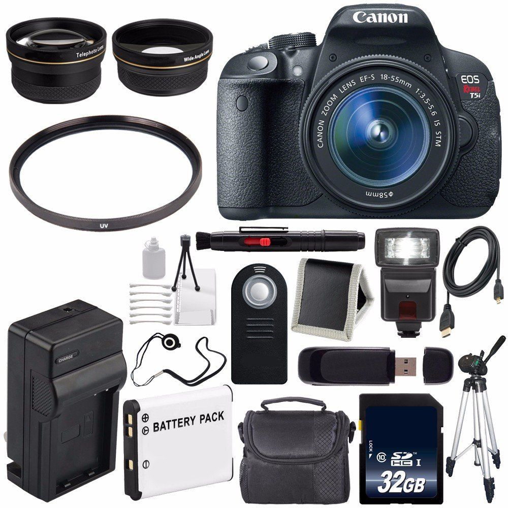 Canon EOS Rebel T5i 18 MP CMOS Digital SLR Camera w/EF-S 18-55mm f/3.5-5.6 Lens (International Model) + 58mm Wide Angle