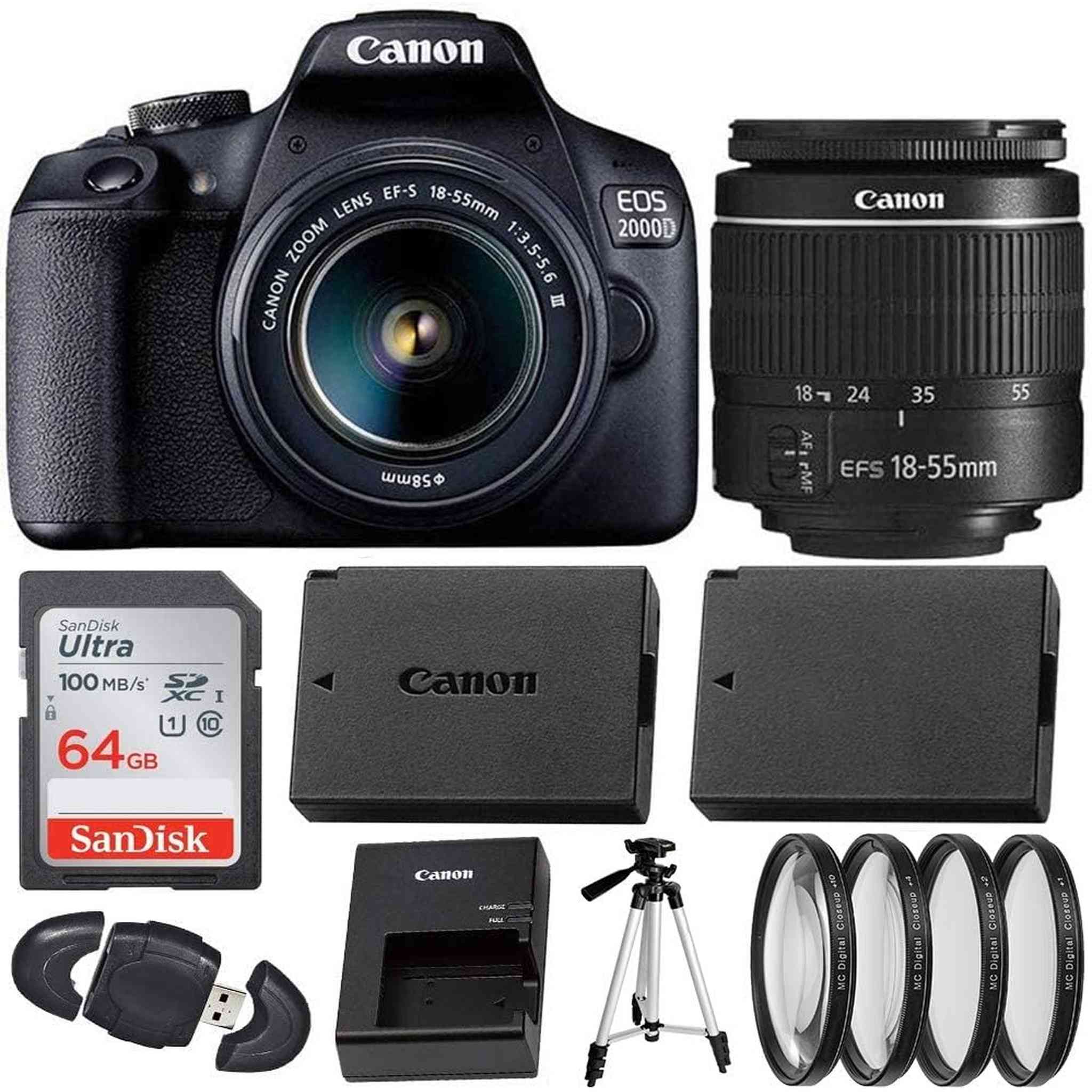 Canon EOS 2000D Rebel T7 DSLR Camera with 18-55mm DC III Lens Tripod Bundle