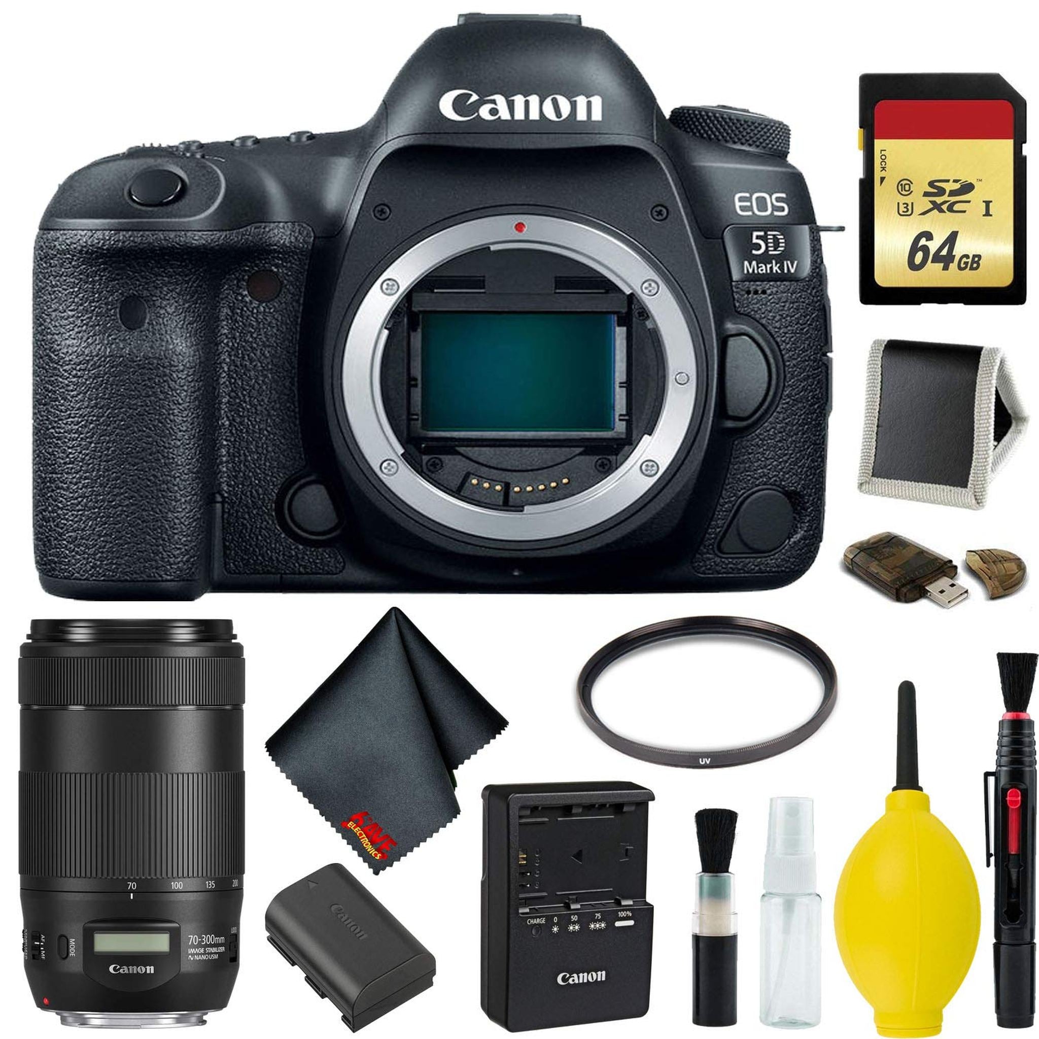 Canon EOS 5D Mark IV DSLR Camera Body Only Memory Kit International Model w/Canon EF 70-300mm f/4-5.6 is II USM Lens -