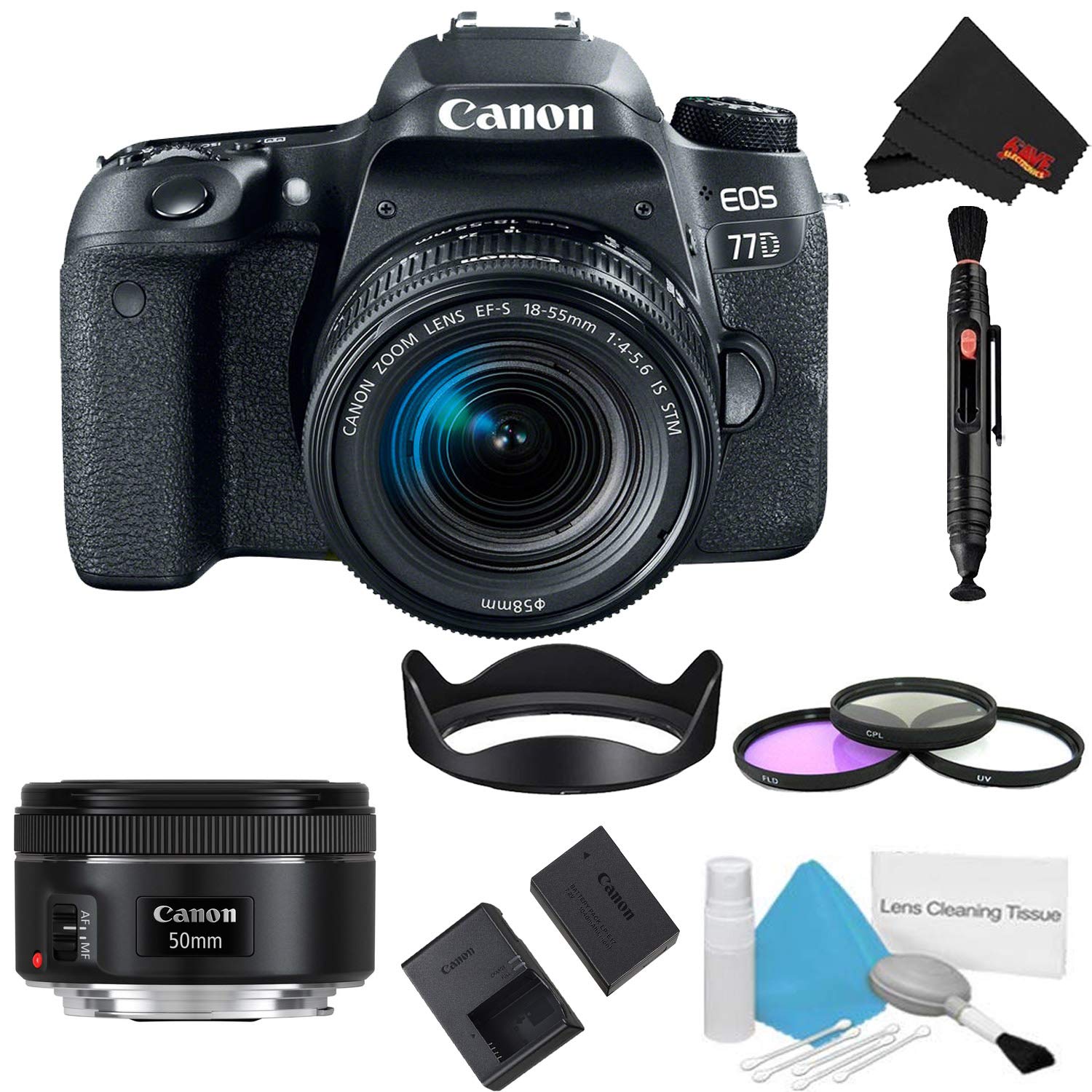 Canon EOS 77D DSLR Camera with 18-55mm Lens Bundle w/ 3 Piece Filter Kit + 50mm Lens International Model