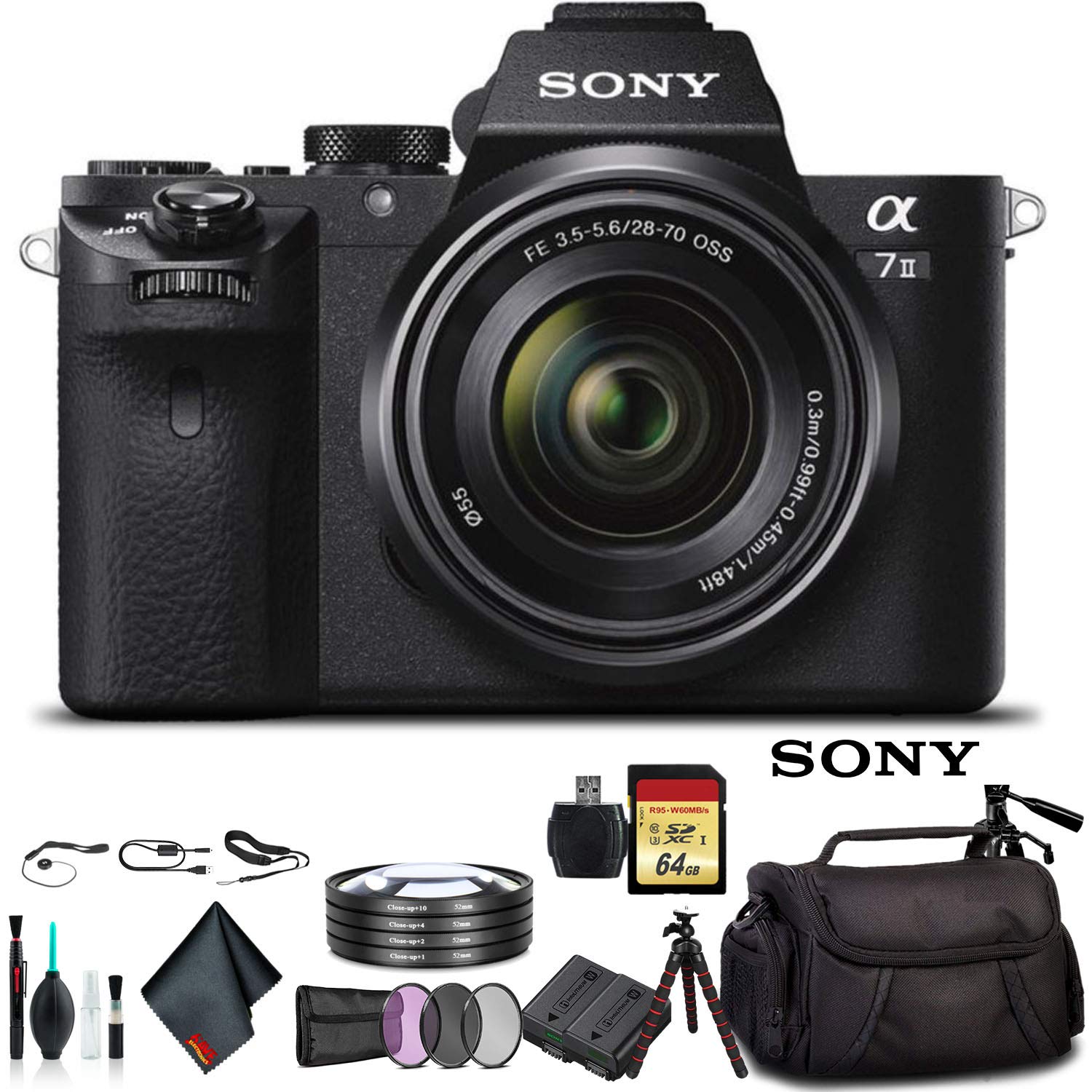 Sony Alpha a7 II Mirrorless Camera with FE 28-70mm f/3.5-5.6 OSS Lens ILCE7M2K/B With Soft Bag, Tripod, Additional Battery, 64GB Memory Card, Card Reader , Plus Essential Accessories
