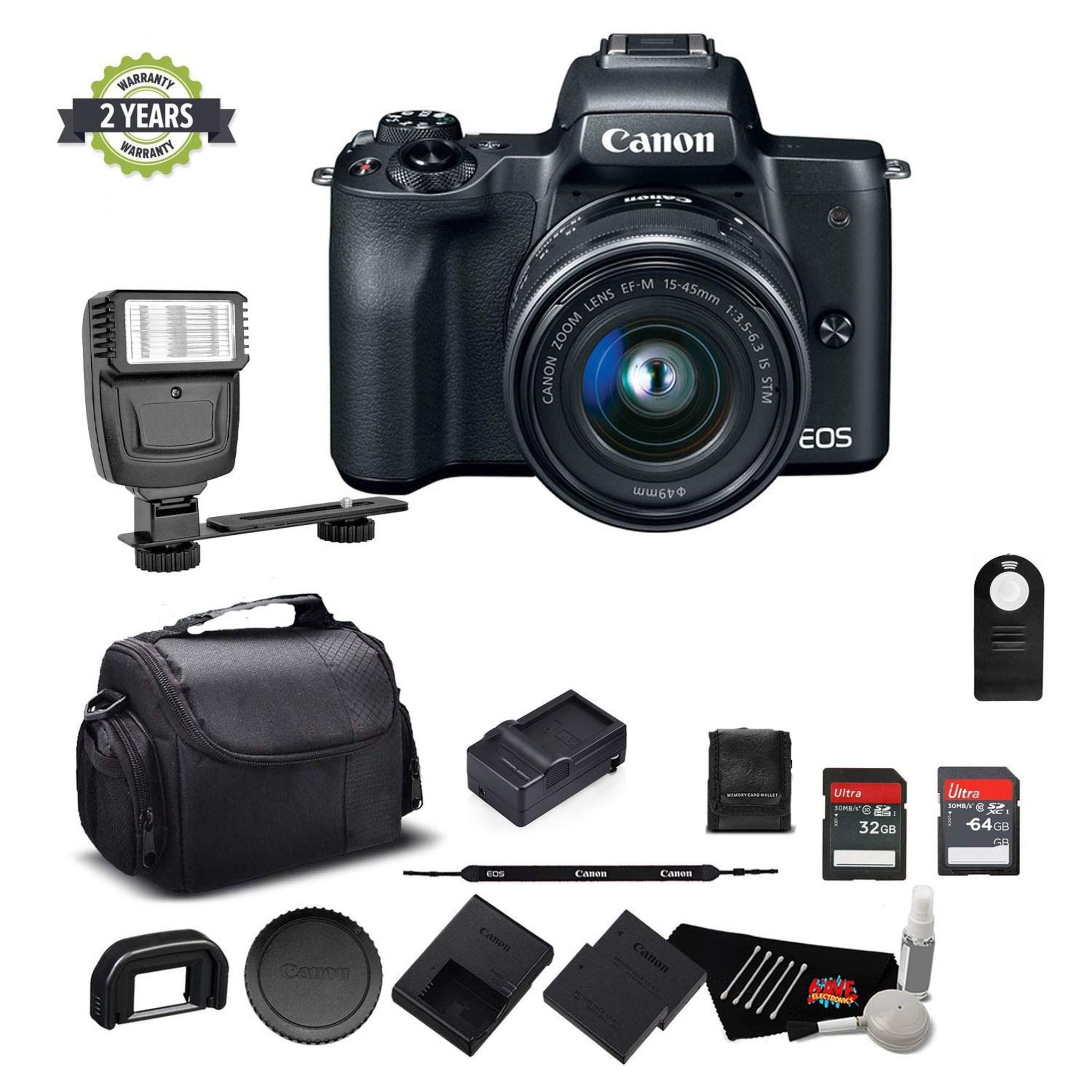 Canon EOS M50 Mirrorless Digital Camera with 15-45mm Lens and 4K Video 2680C011 Bundle w/Memory Cards, Digital Slave Fla Canon