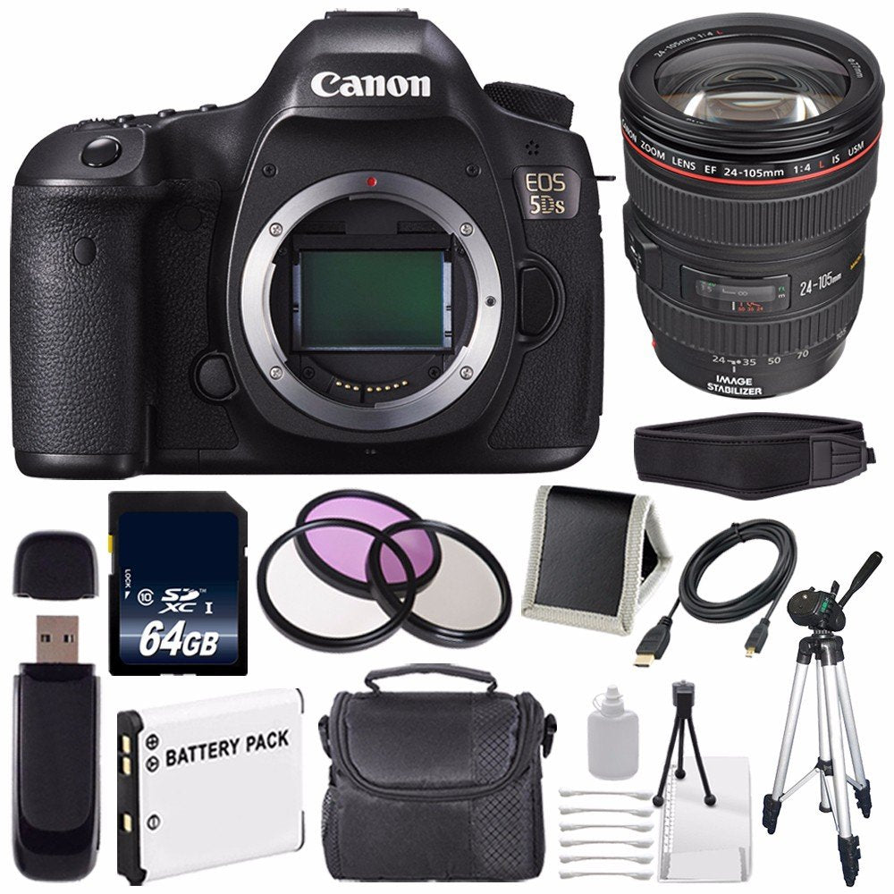 Canon EOS 5DS DSLR Camera (International Model) 0581C002 + Canon EF 24-105mm f/4L is USM Lens + LP-E6 Battery + 64GB Mem