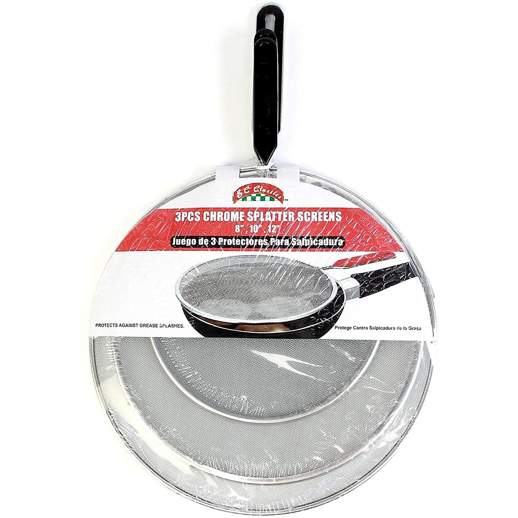 Bene Casa - Fine Mesh Chrome Splatter Shields with Cool Touch Handles and Hanging Loop Handle- 3 Piece Set 8",10", and 12" - Dishwasher Safe Bene Casa