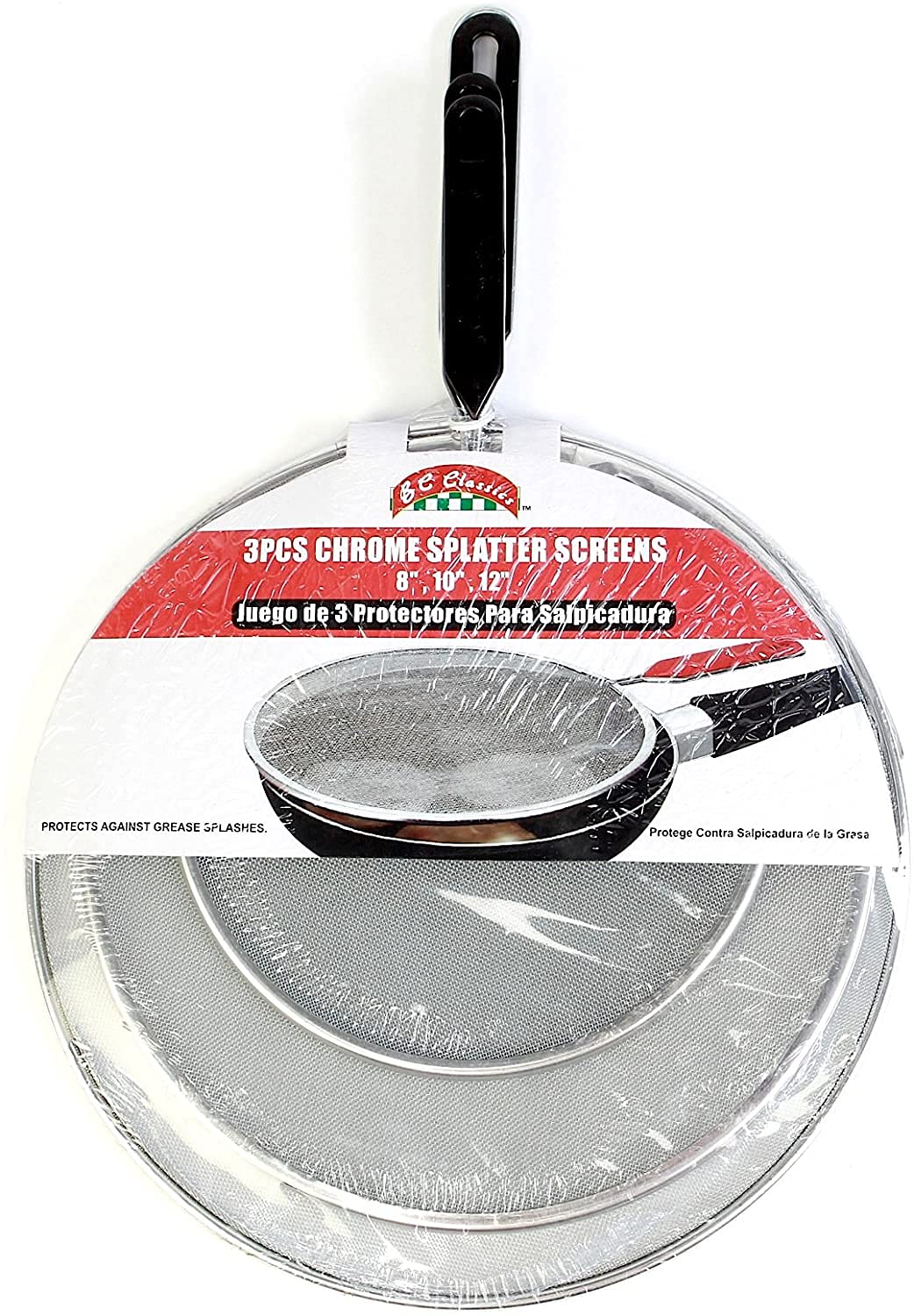 Bene Casa - Fine Mesh Chrome Splatter Shields with Cool Touch Handles and Hanging Loop Handle- 3 Piece Set 8",10", and 12" - Dishwasher Safe