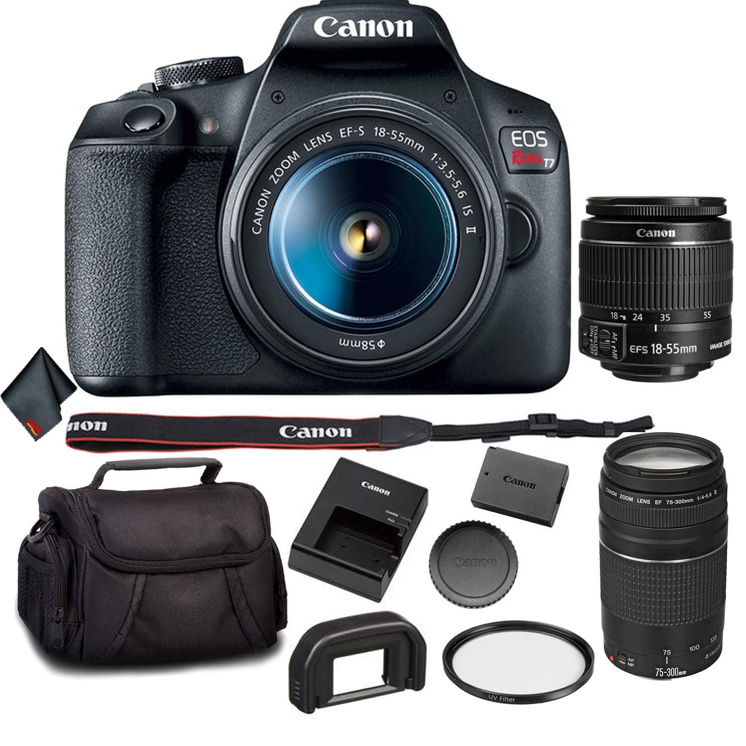 Canon EOS Rebel T7 DSLR Camera Bundle with 2 Lenses (18-55 + 75-300mm Lens) + UV Filter + Carrying Case + More