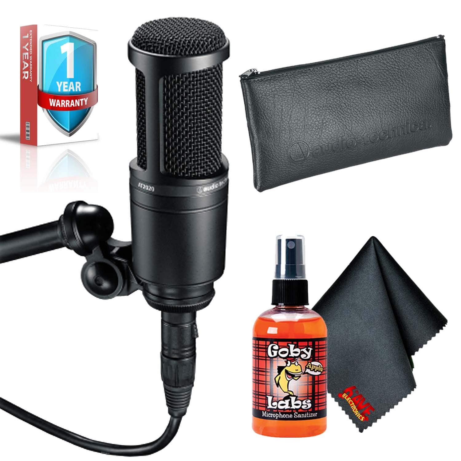 Audio-Technica AT2020 Cardioid Condenser Microphone With 6Ave Cleaning Kit, Carrying Case AND 1-Year Extended Warranty