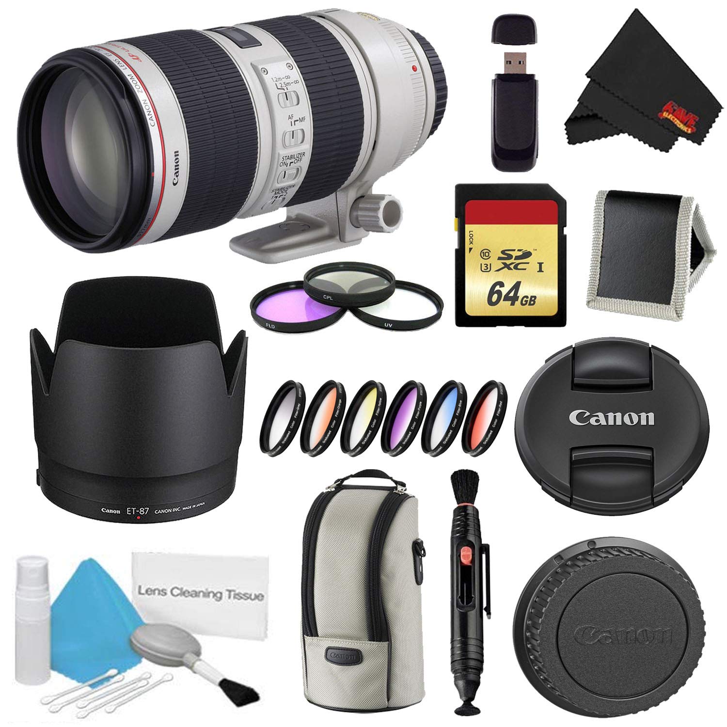 Canon EF 70-200mm f/2.8L is II USM Lens Bundle w/ 64GB Memory Card + Accessories, 3 Piece Filter Kit Color Multicoated 6
