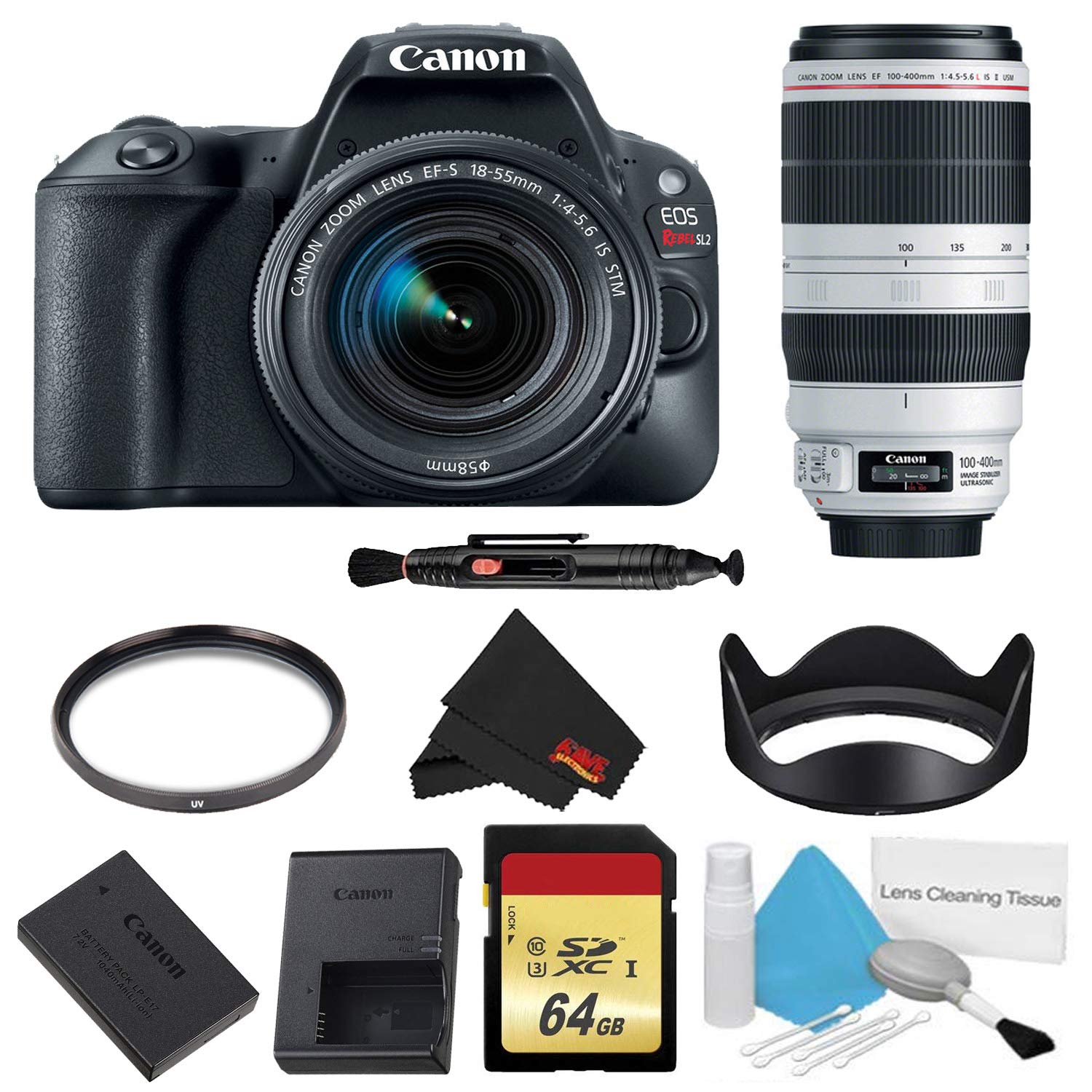 Canon EOS Rebel SL2 DSLR Camera with 18-55mm Lens (Black) Basic w/Memory Kit + 100-400mm Lens (International Model)