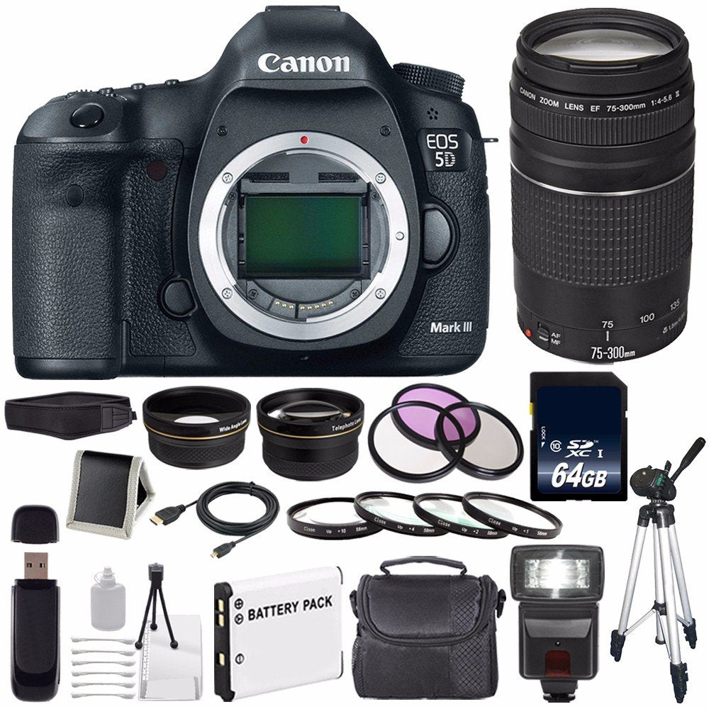 Canon EOD 5D III Digital Camera International Model + Canon EF 75-300 III+ LP-E6 Replacement Battery + 64GB SDXC Card +