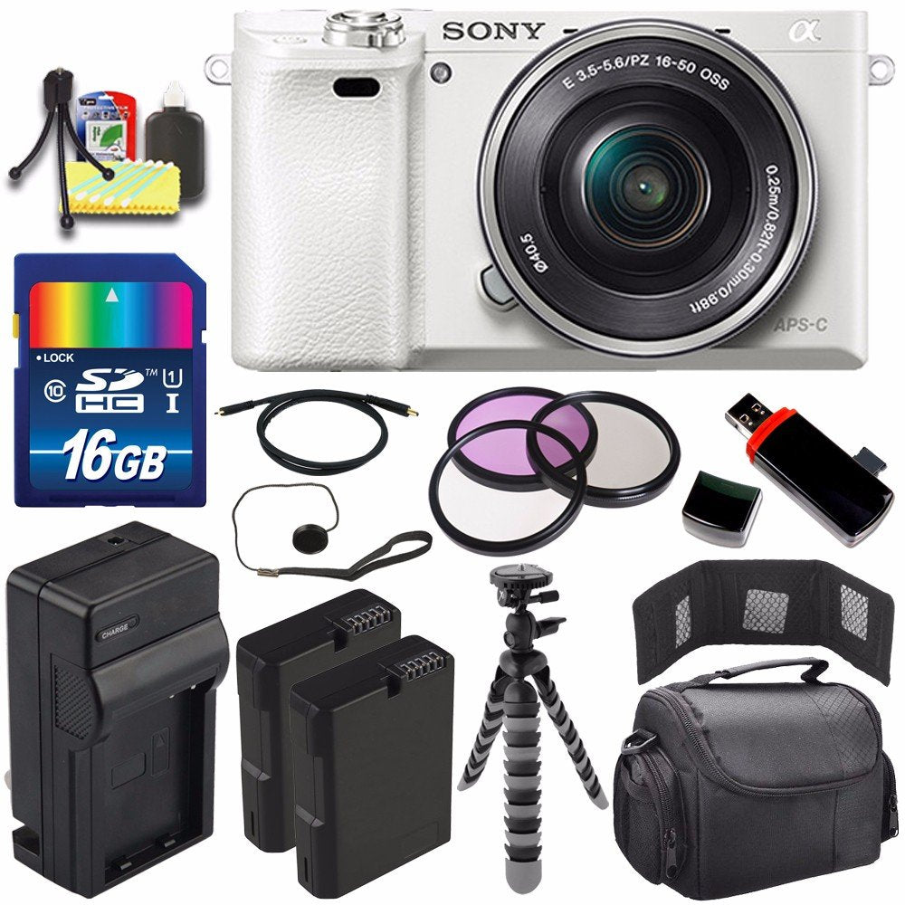 Sony Alpha a6000 Mirrorless Digital Camera with 16-50mm Lens (White) + Battery + Charger + 16GB Bundle 4 - International