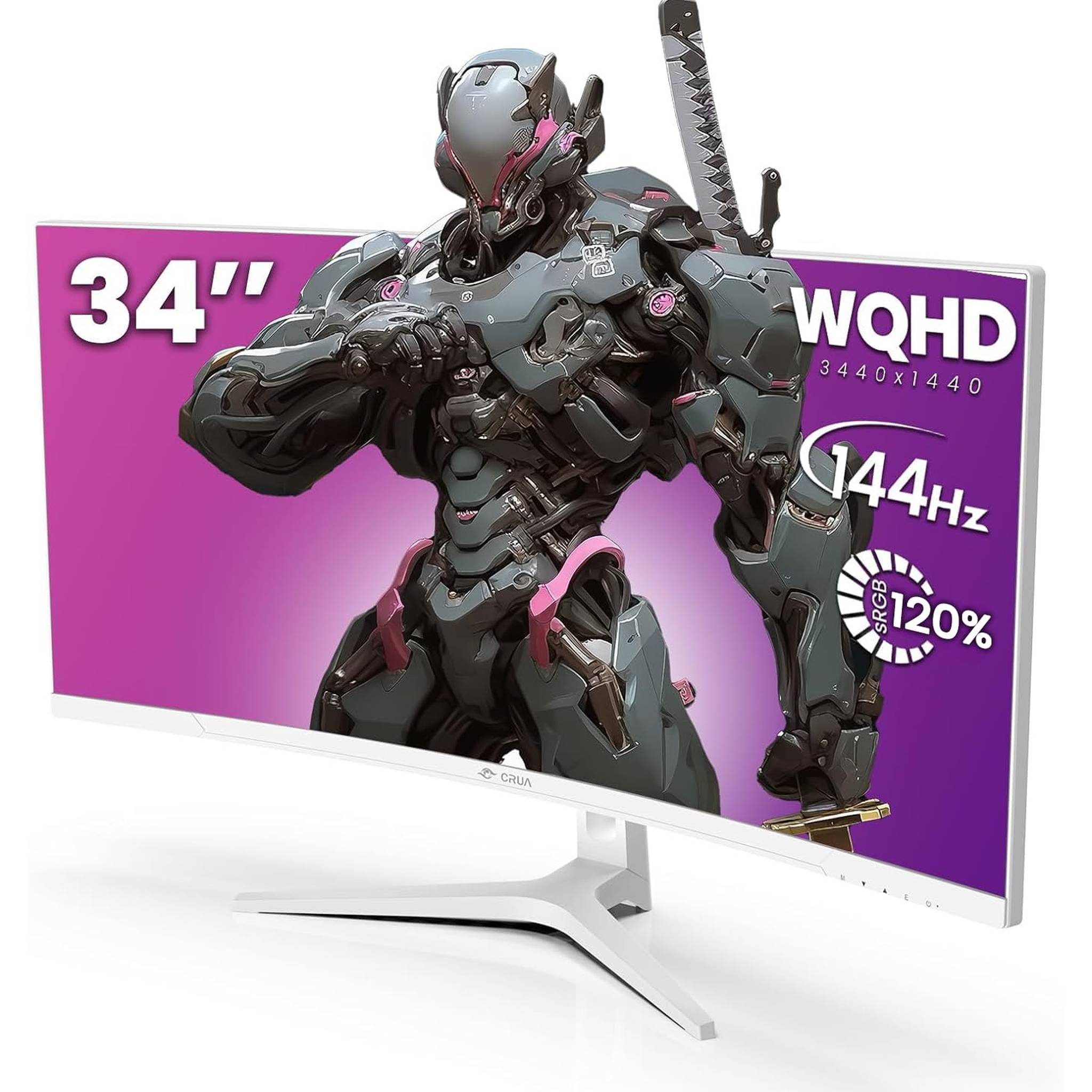 CRUA 34Inch White Gaming Monitor 144hz 21:9 1500R Ultra Wide Curved Monitor, WQHD 3440X1440P 120%sRGB VA Panel Computer Monitor Support AMD Freesync, HDMI 2.0 & DP1.4, Wall Mountable/Tilt Adjustable CRUA