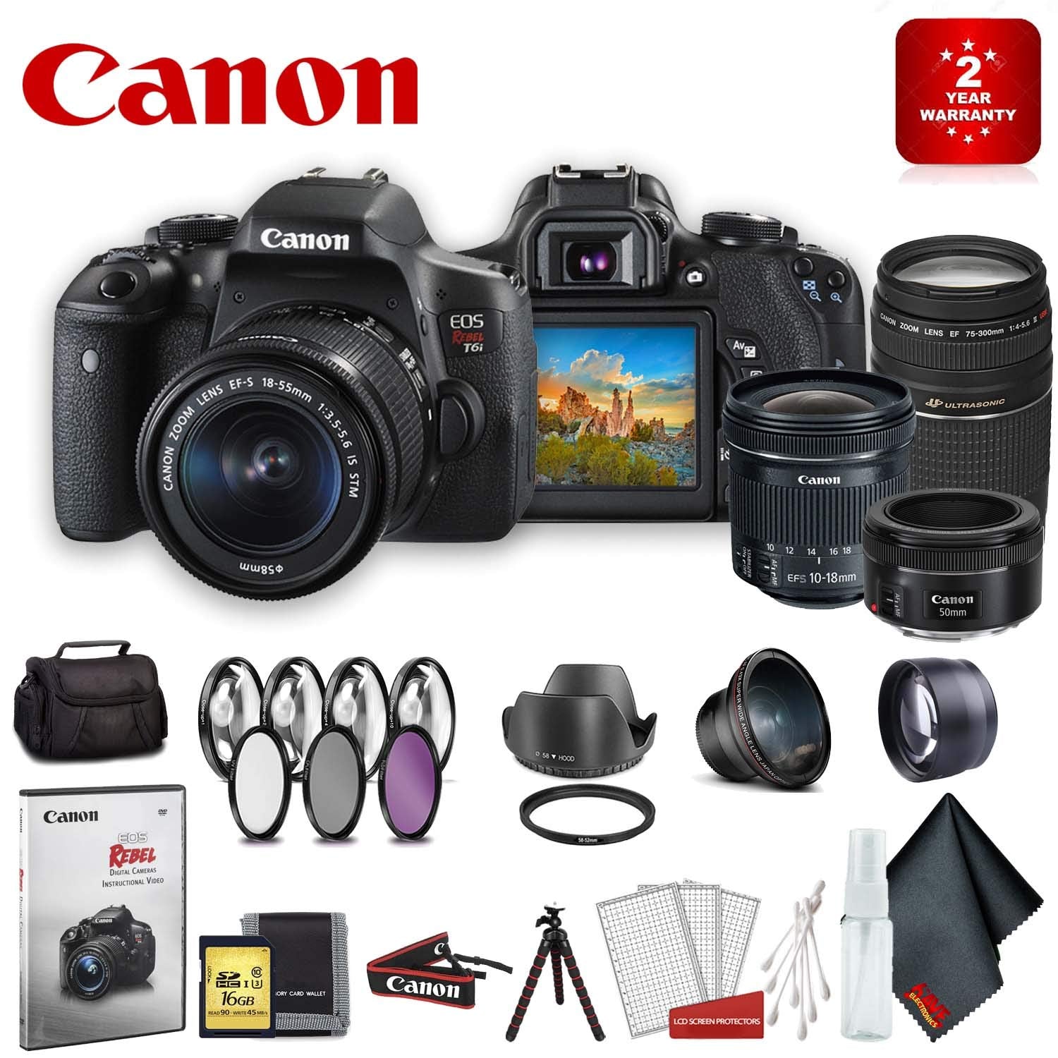 Canon EOS Rebel T6i DSLR Camera with 18-55mm Lens (International Model) Extreme Accessory Bundle w/ 3 Extra Lens