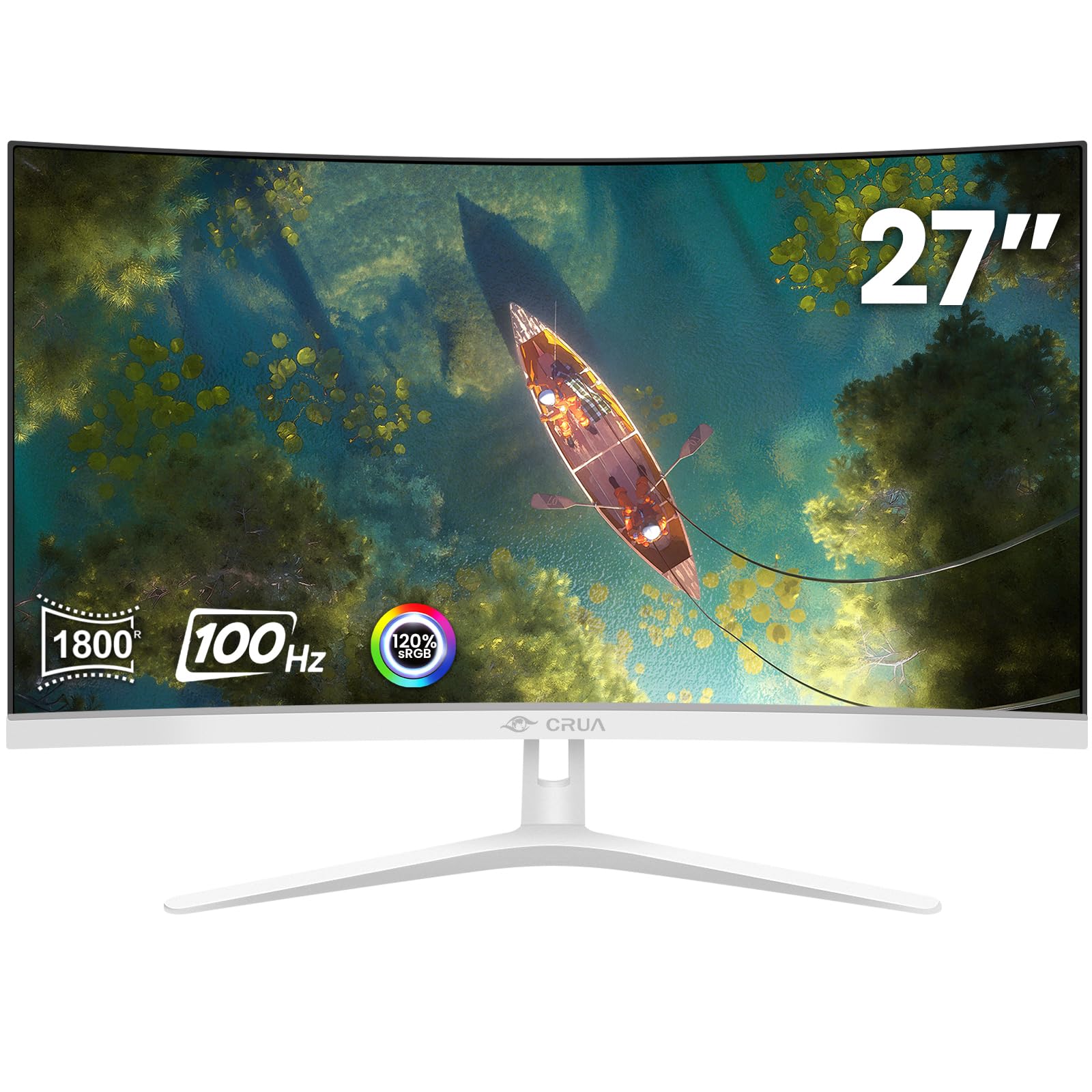 CRUA 27" Curved White Monitor, Full HD 1920x1080P VA Panel 1800R 100HZ 120% sRGB Professional Computer Monitors, 3Sides Frameless, Flicker-Less,Blue Light Filter, for Office & Gaming. VGA, HDMI