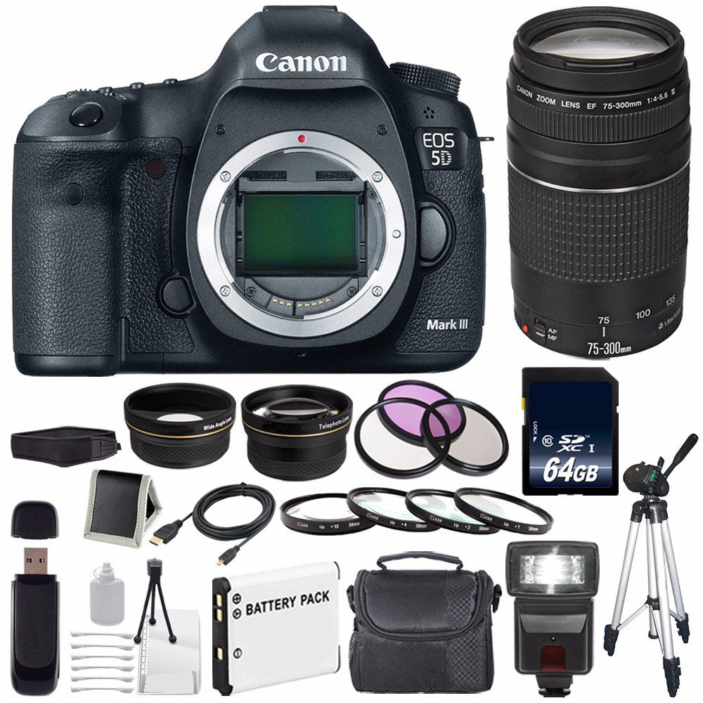 Canon EOD 5D III Digital Camera International Model + Canon EF 75-300 III+ LP-E6 Replacement Battery + 64GB SDXC Card +