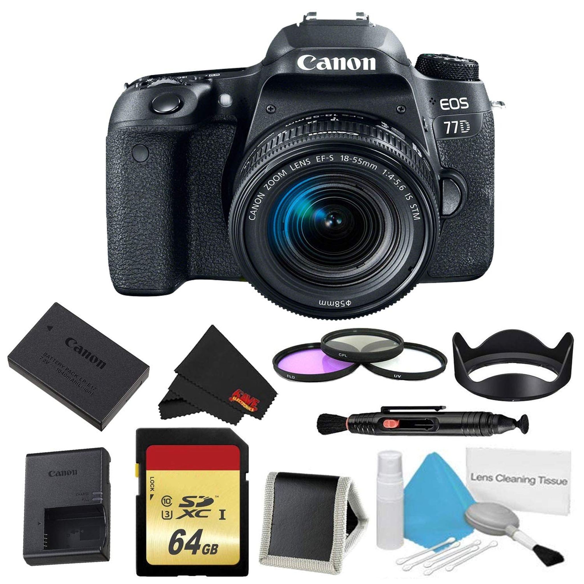 Canon EOS 77D DSLR Camera 18-55mm Lens Bundle w/ 3 Piece Filter & Memory Kit International Model Canon