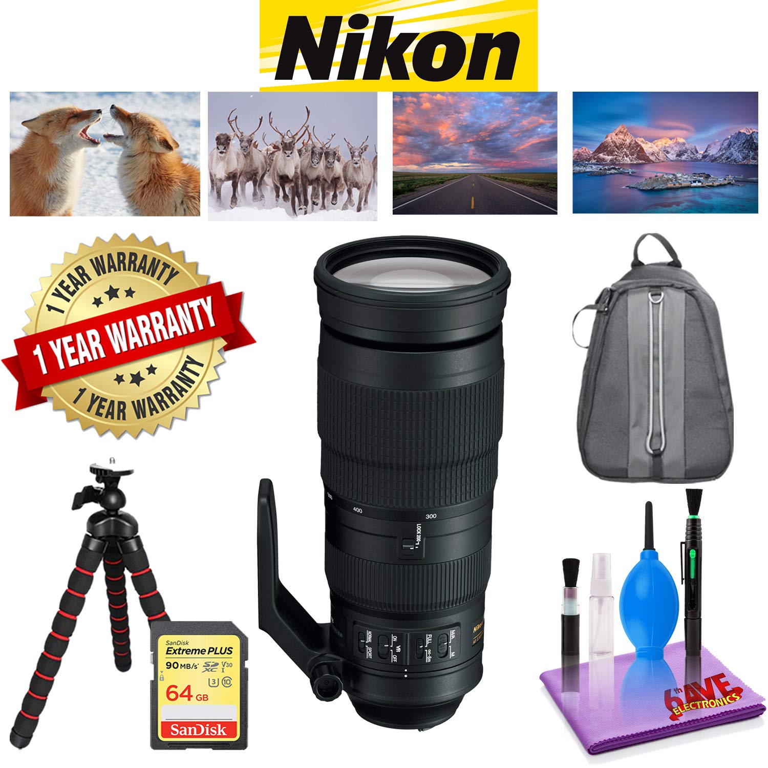Nikon AF-S NIKKOR 200-500mm f/5.6E ED VR Lens with 1 Year Warranty, Sandisk 64 GB Memory Card, Deluxe Backpack for Camer