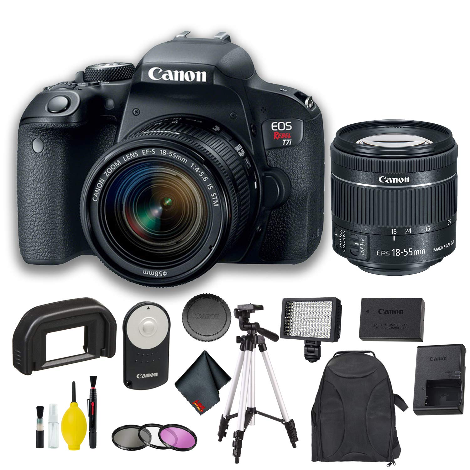 Canon EOS Rebel T7i DSLR Camera with 18-55mm Lens (Intl Model) On-The-Go Kit Bundle