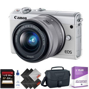 Canon EOS M100 Mirrorless Digital Camera with 15-45mm Lens White + 64GB Memory Card + 1 Year Warranty International Model