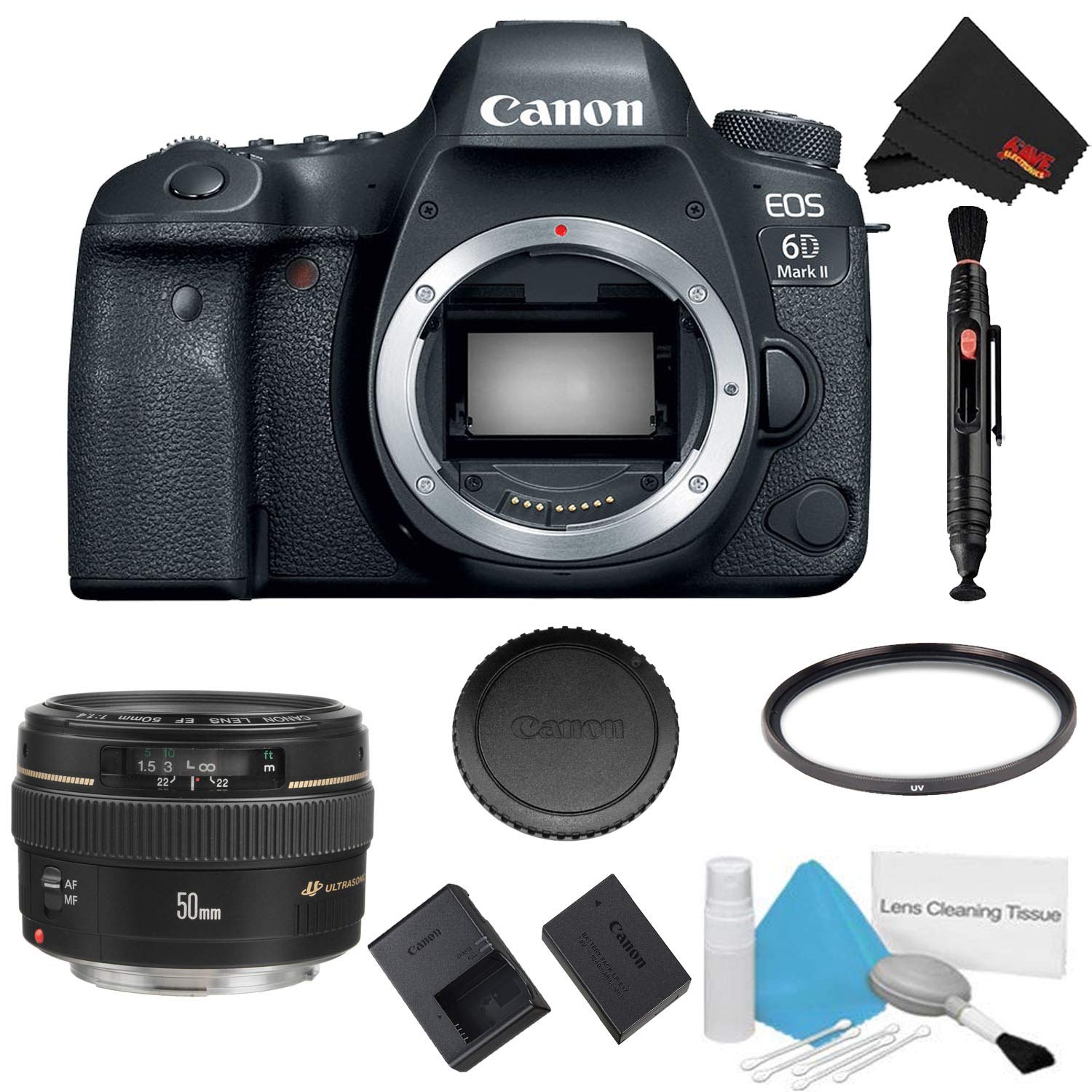 Canon EOS 6D Mark II DSLR Camera (Body Only) Basic Filter Bundle + Canon EF 50mm f/1.4 USM Lens - International Model