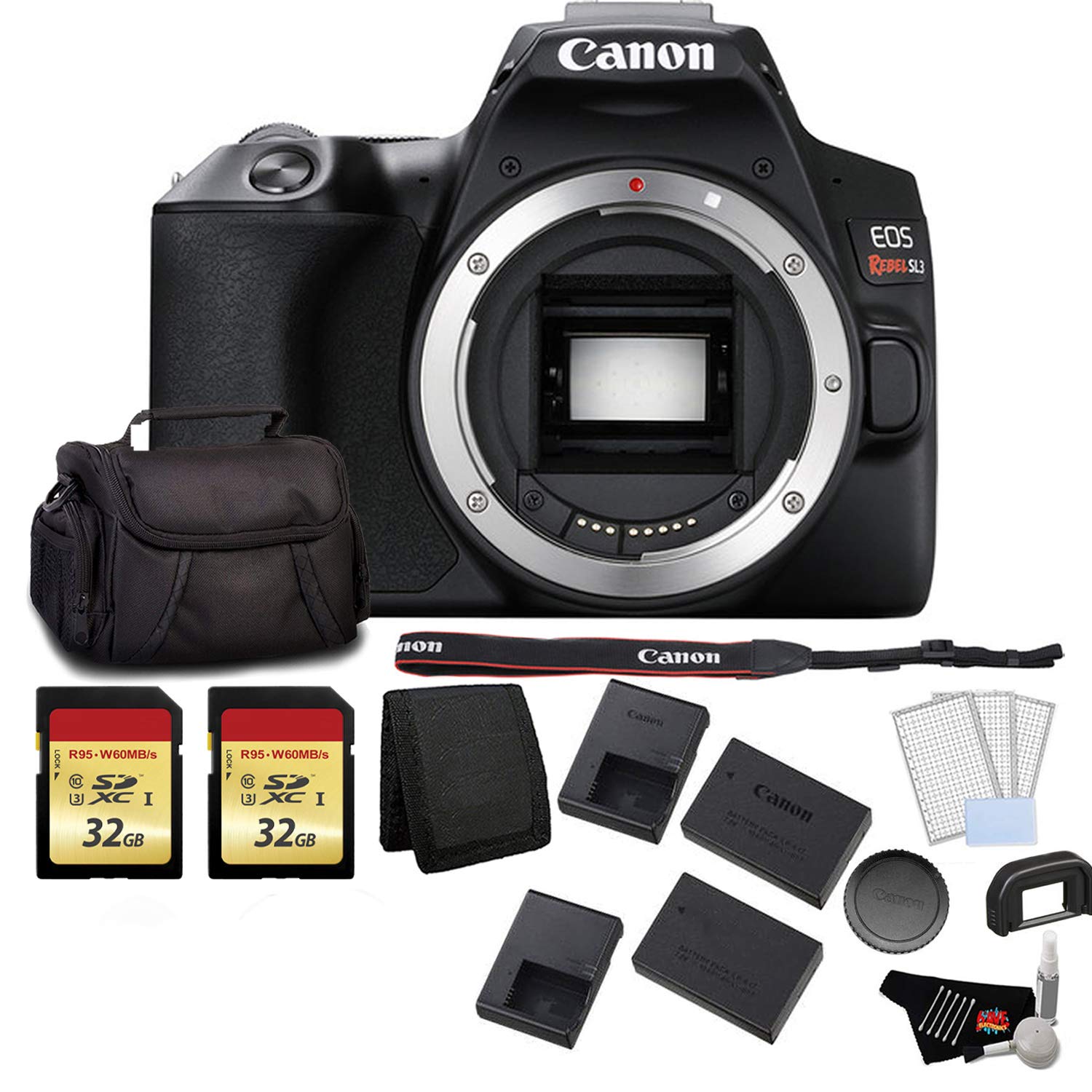 Canon EOS Rebel SL3 DSLR Camera (Black, Body Only) Bundle with 2x32GB Memory Card + Battery for CanonLPE17 + LCD Screen