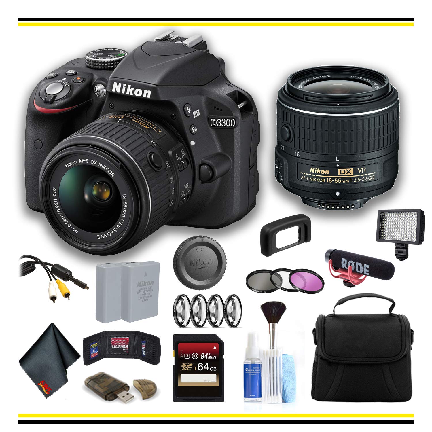 Nikon D3300 DSLR Camera with 18-55mm Lens 1532 Advanced Bundle W/Bag, Extra Battery, LED Light, Mic, Filters and More