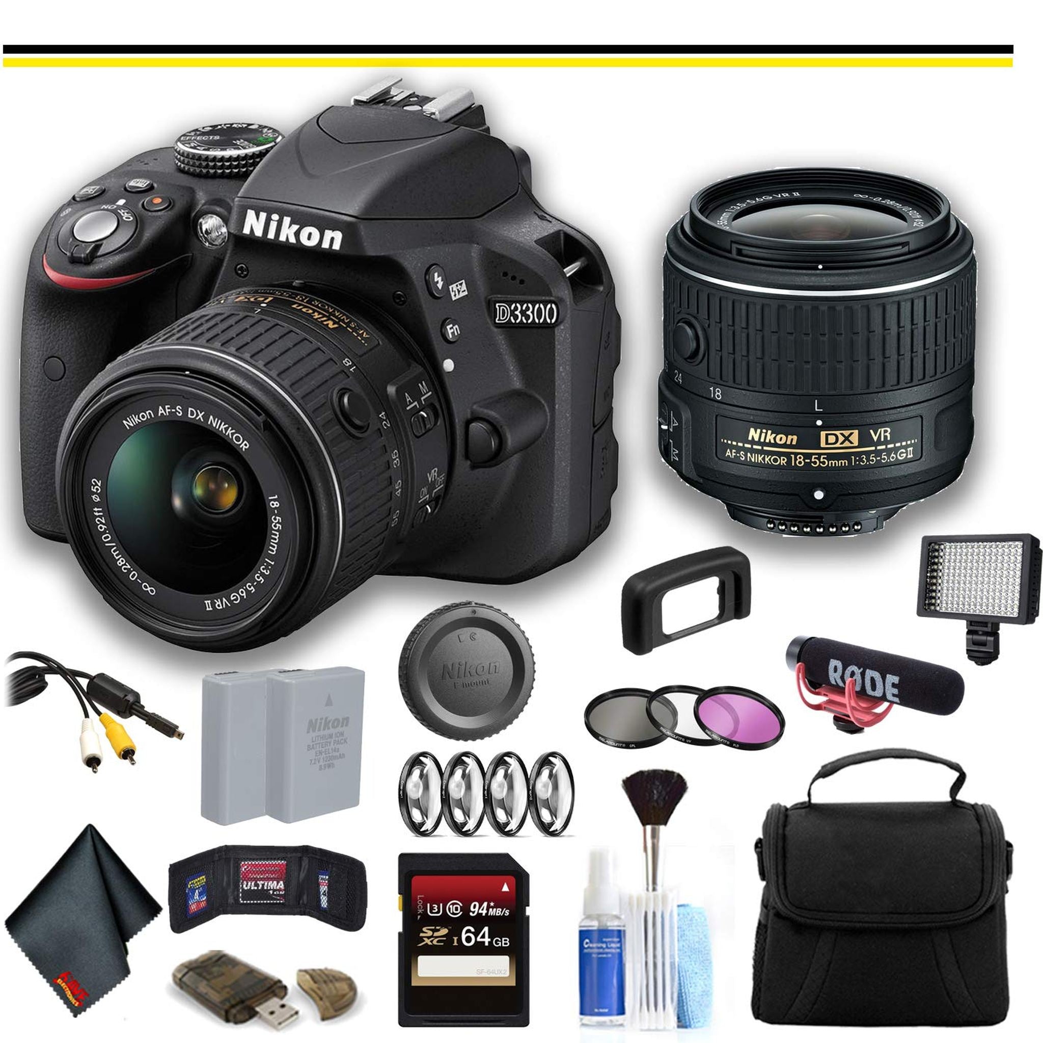 Nikon D3300 DSLR Camera with 18-55mm Lens 1532 Advanced Bundle W/Bag, Extra Battery, LED Light, Mic, Filters and More