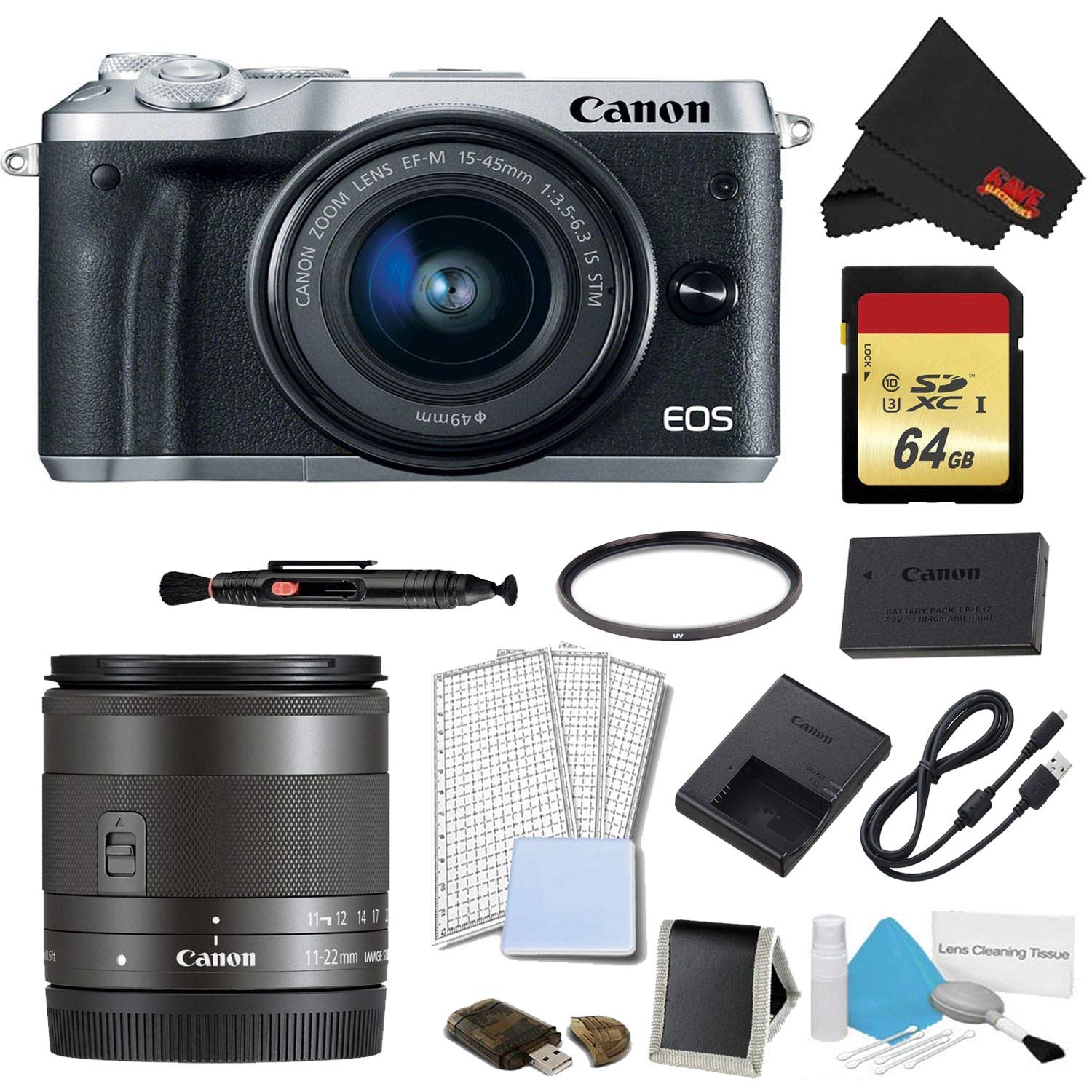 Canon EOS M6 Mirrorless Digital Camera with 15-45mm Lens (Silver) Plus Bundle w/Bonus EF-M 11-22MM Lens - International