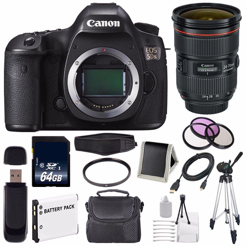 Canon EOS 5DS DSLR Camera (International Model) 0581C002 + Canon EF 24-70mm f/2.8L II USM Lens + LP-E6 Battery + 64GB Me