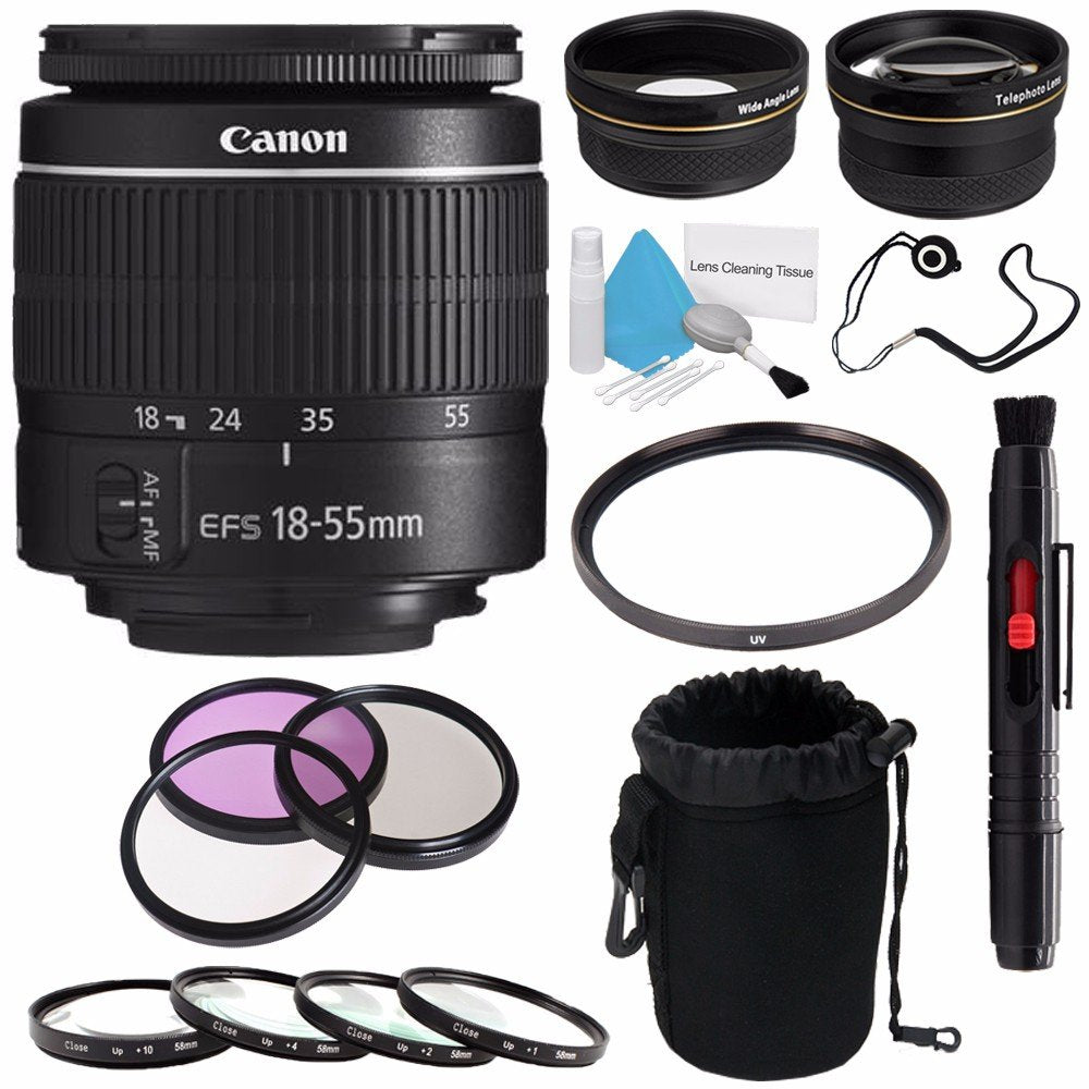 Canon EF-S 18-55mm f/3.5-5.6 III Lens (International Model) + 58mm Wide Angle Lenses + 58mm Macro Close Up Kit + 58mm UV Advanced Bundle