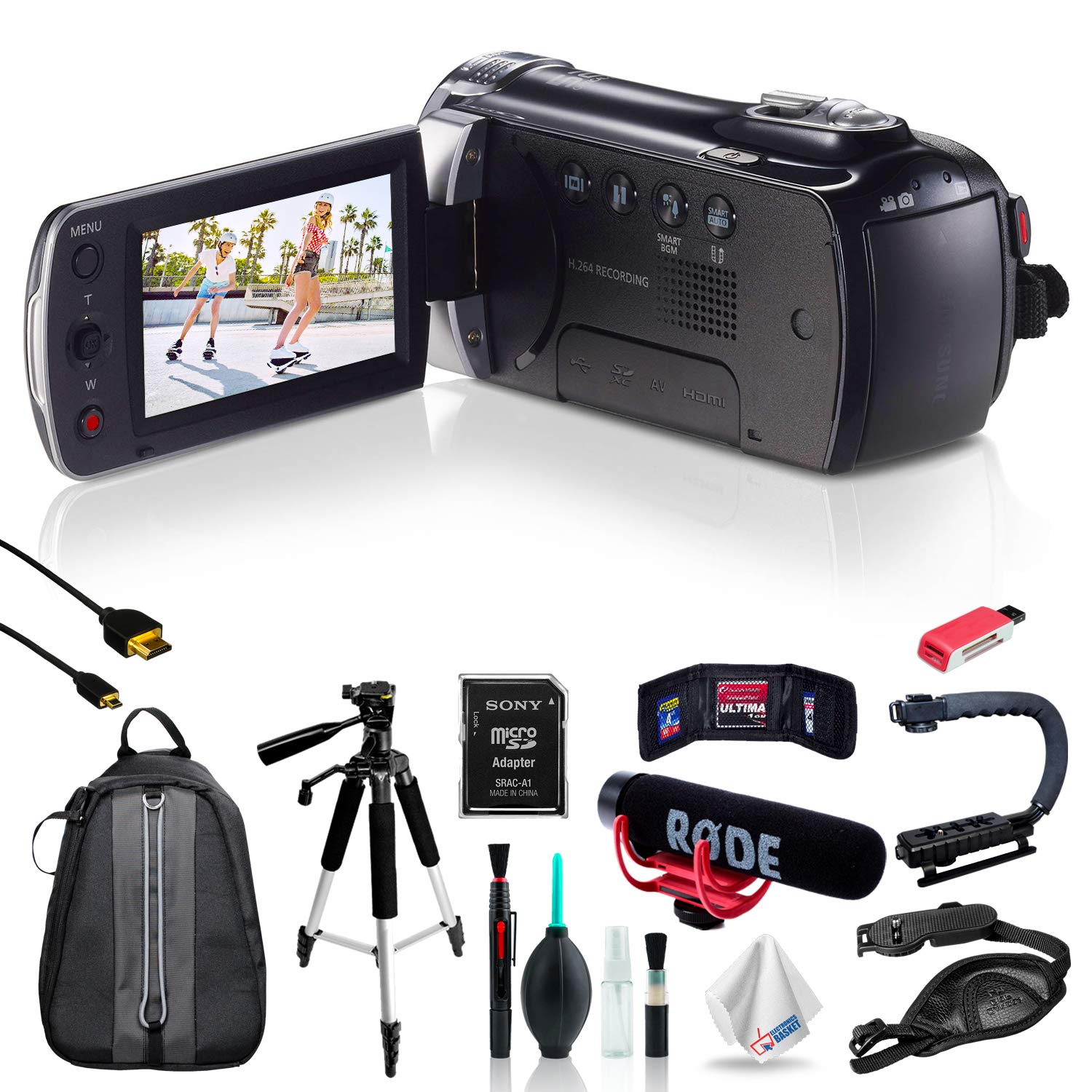 Samsung HMX-F90 Black Camcorder + Rode Microphone + Hands-Free Shoulder Mount Stabilizer + Stabilizing Handle/Video Grip Tripod Bundle