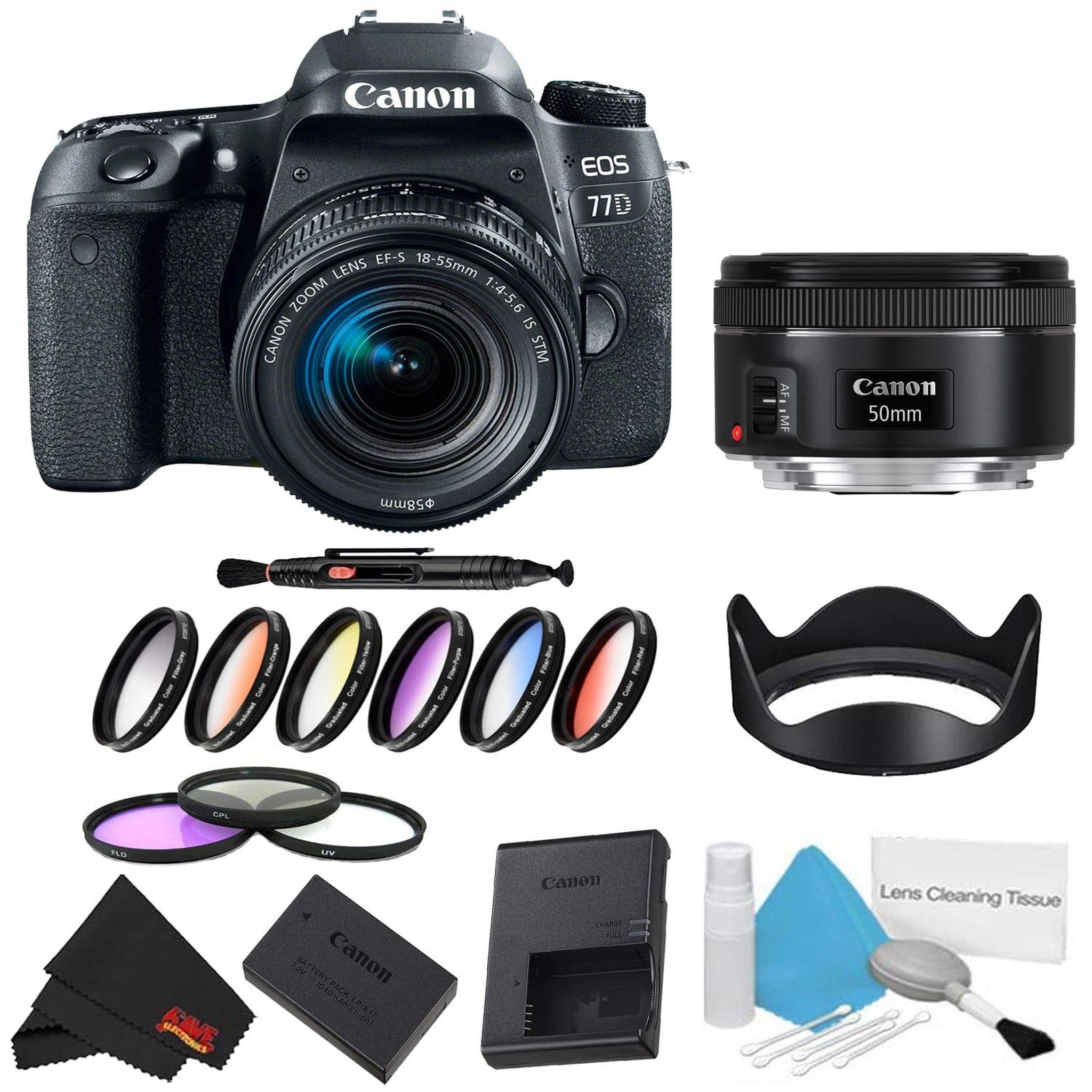 Canon EOS 77D DSLR Camera with 18-55mm Lens Bundle w/ 9 Piece Filter Kit + 50mm Lens International Model Canon