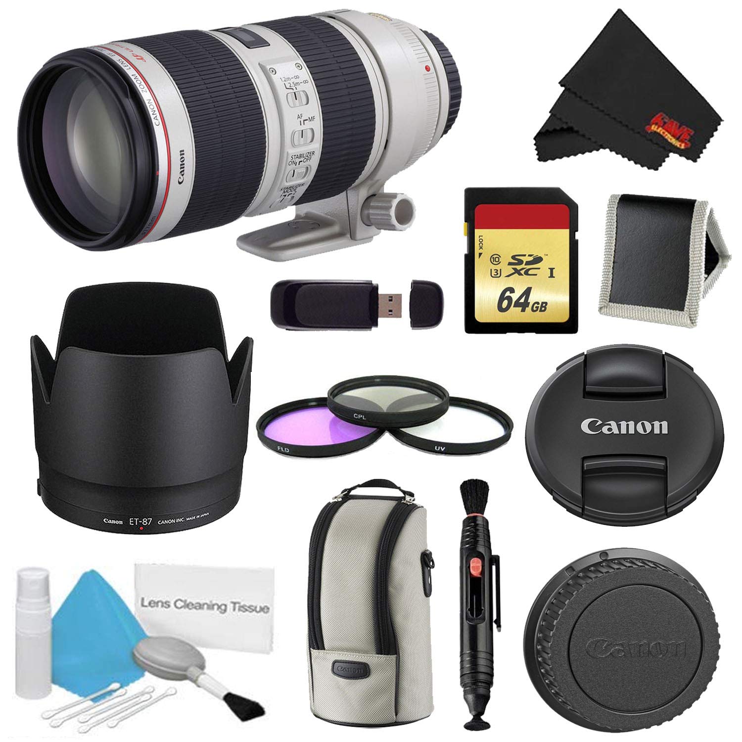 Canon EF 70-200mm f/2.8L is II USM Lens Bundle w/ 64GB Memory Card + Accessories 3 Piece Filter Kit International Model Canon