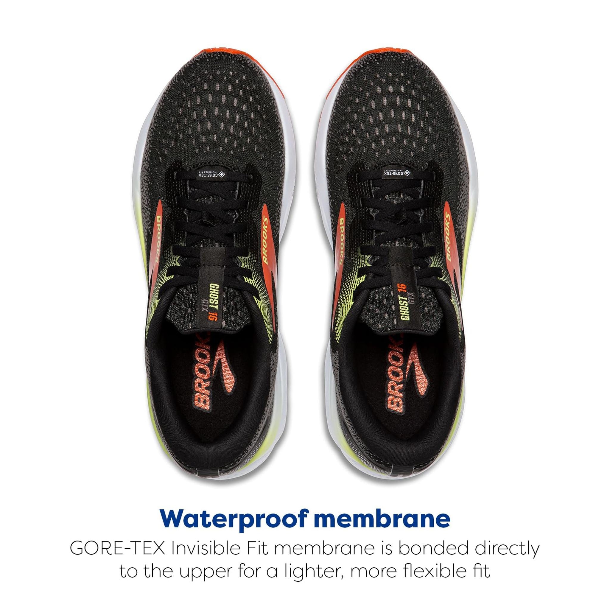 Brooks Men's Ghost 16 GTX Waterproof Neutral Running Shoe - Black/Mandarin Red/Green - 9.5 Medium