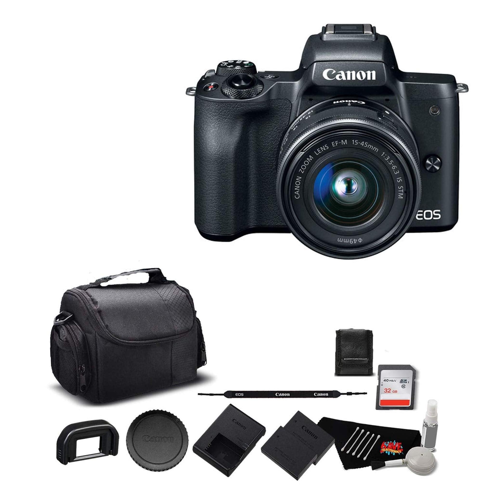 Canon EOS M50 Mirrorless Digital Camera with 15-45mm Lens and 4K Video 2680C011 Bundle with 32GB Memory Card + Spare Bat Canon