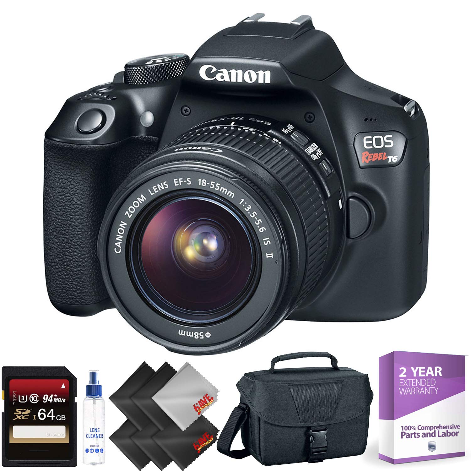 Canon EOS Rebel T6 DSLR Camera with 18-55mm Lens + 64GB Memory Card + 2 Year Accidental Warranty Bundle