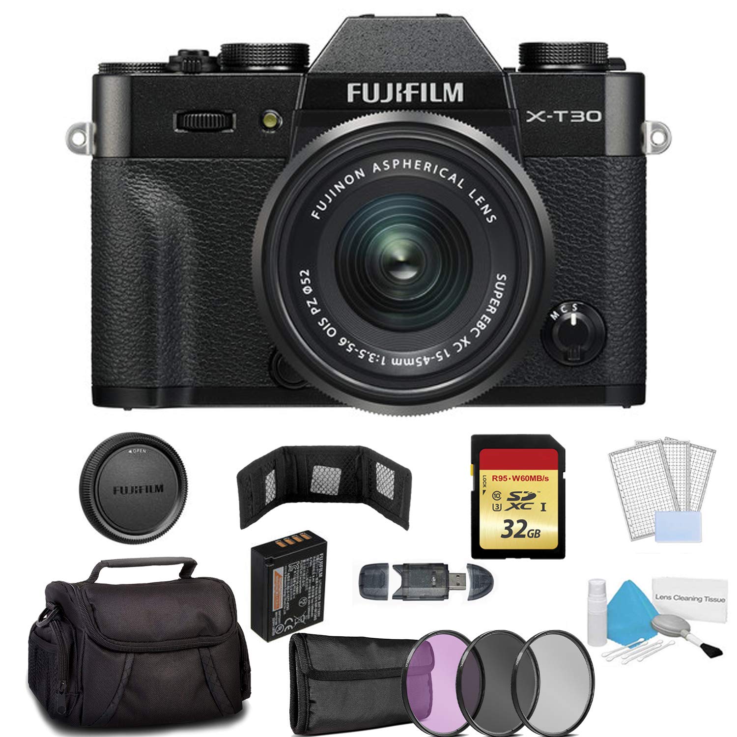 FUJIFILM X-T30 Mirrorless Digital Camera with 15-45mm Lens 16619205 (Black) - Bundle with 32GB Memory Card + Carrying Case + More