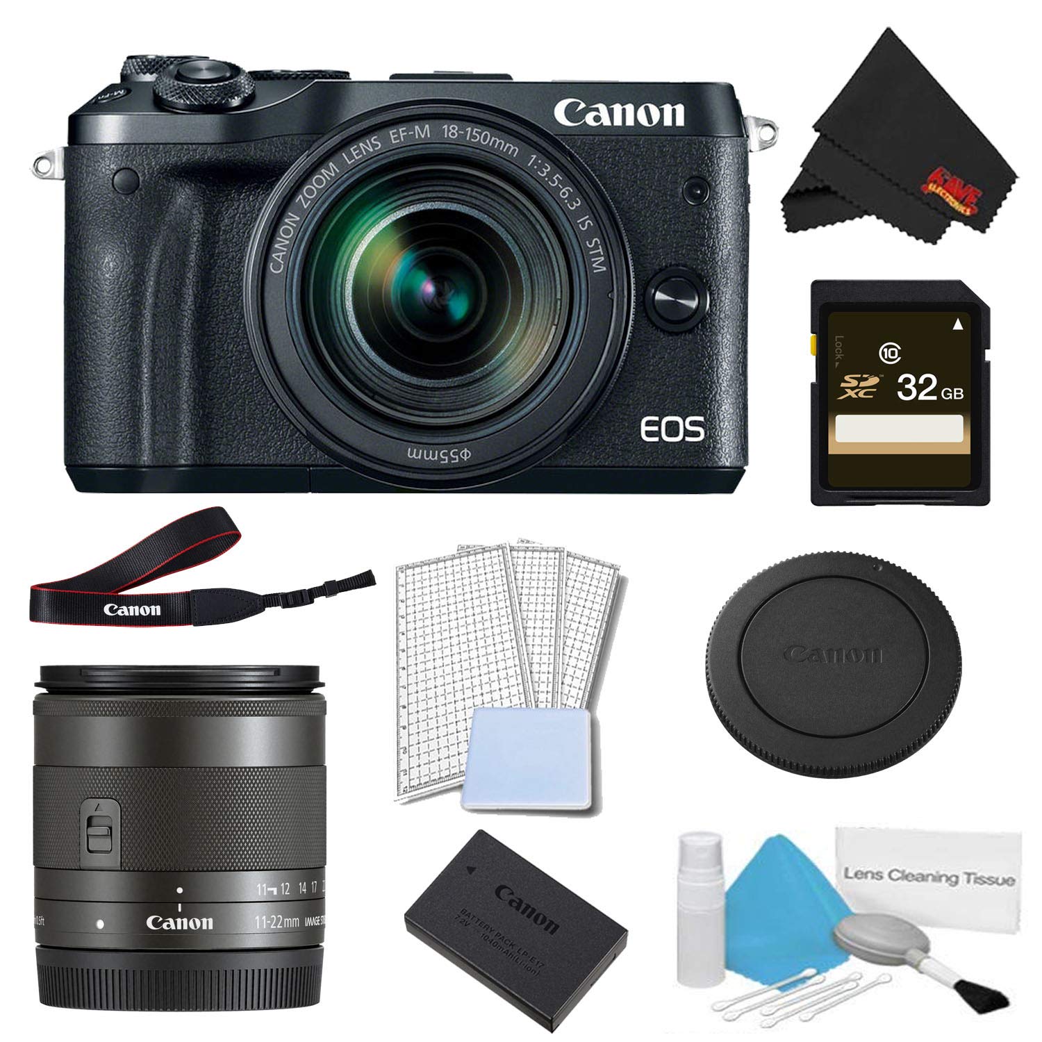 Canon EOS M6 Mirrorless Digital Camera with 18-150mm Lens Basic Bundle w/ 32GB Memory Card + Bonus EF-M 11-22MM Lens - I