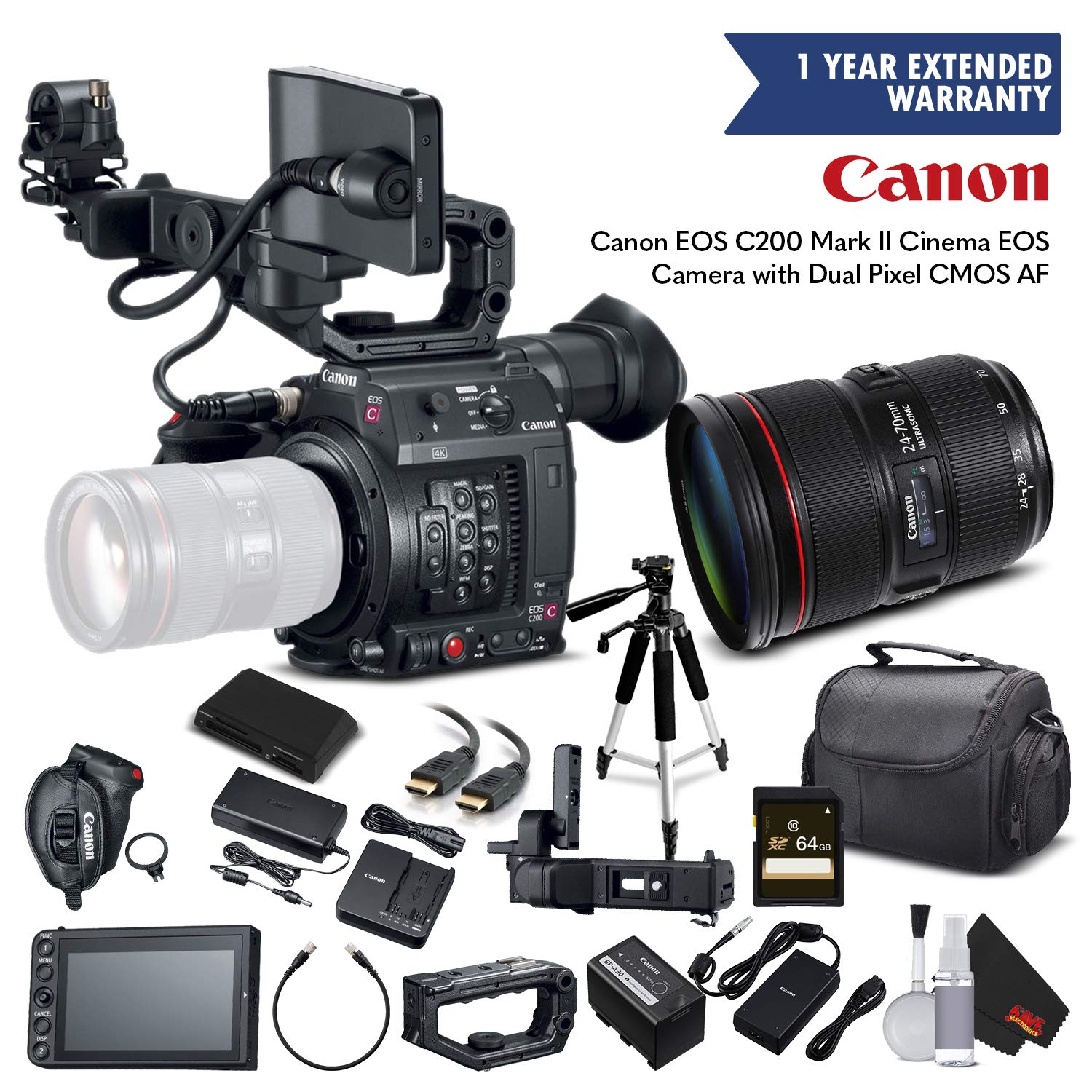 Canon EOS C200 Cinema Camera 2215C002 & 24-70mm f/2.8L II USM Lens with Memory Card, Case, Tripod, and Extended Warranty