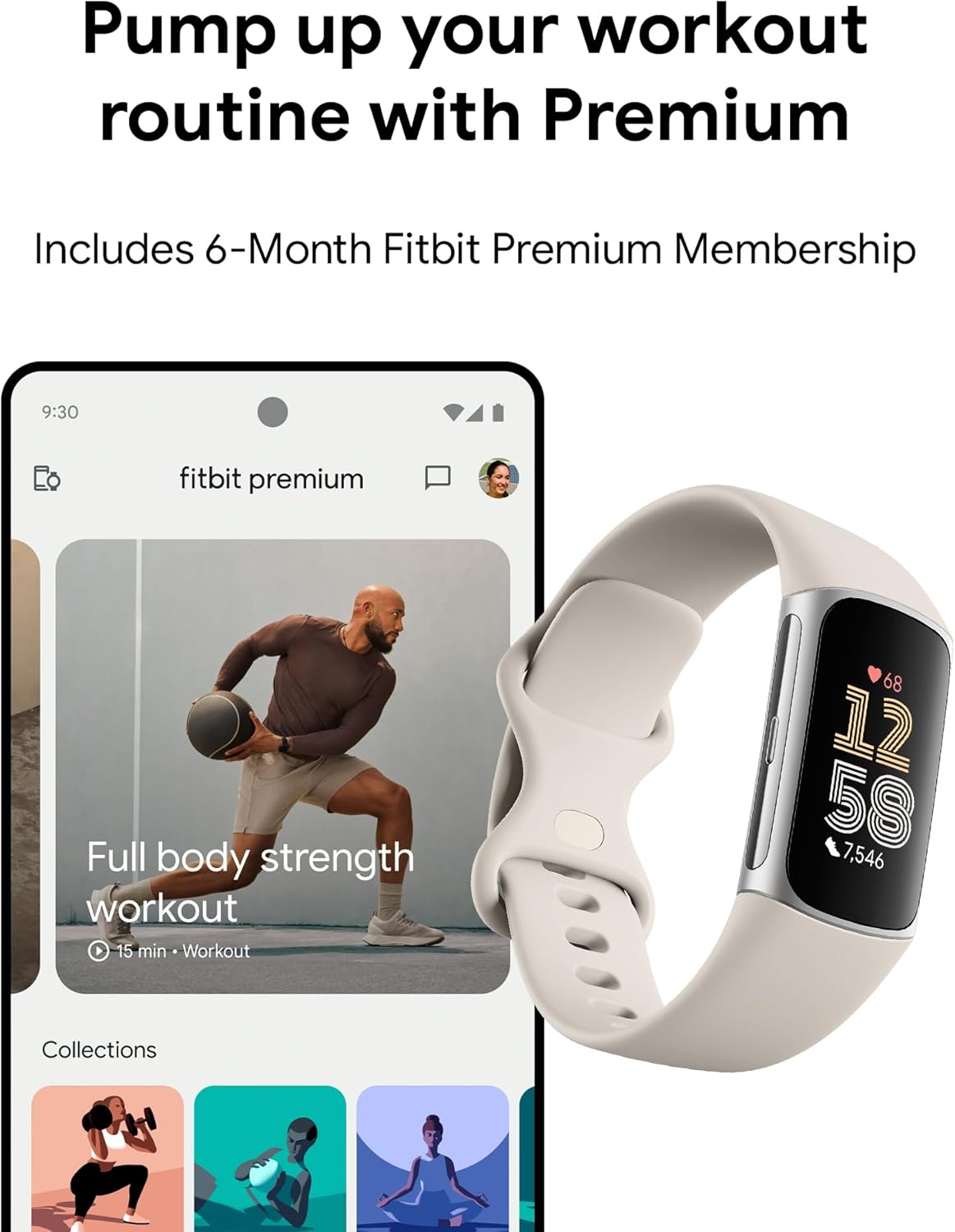 Fitbit Charge 6 Fitness Tracker with Heart Rate, GPS, Premium Membership, Health Tools, - Porcelain/Silver S & L Bands Included - Used