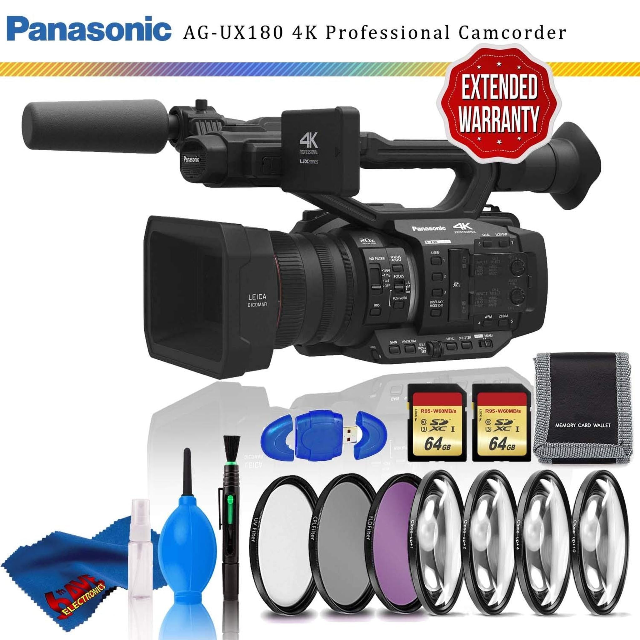 Panasonic AG-UX180 4K Premium Professional Camcorder + Filter Kit + Memory Card Kit + Cleaning Kit + Extended Warranty