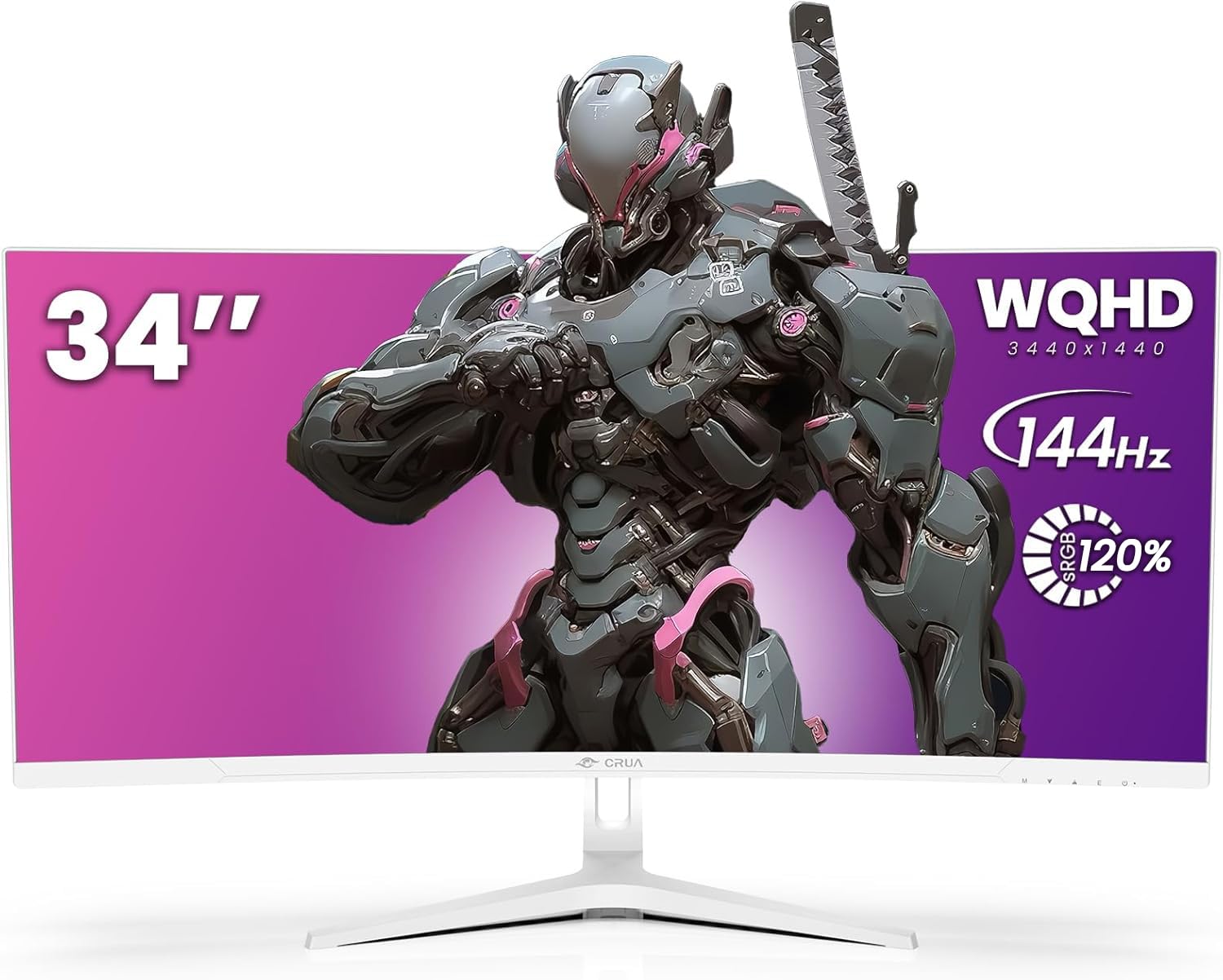 CRUA 34Inch White Gaming Monitor 144hz 21:9 1500R Ultra Wide Curved Monitor, WQHD 3440X1440P 120%sRGB VA Panel Computer Monitor Support AMD Freesync, HDMI 2.0 & DP1.4, Wall Mountable/Tilt Adjustable