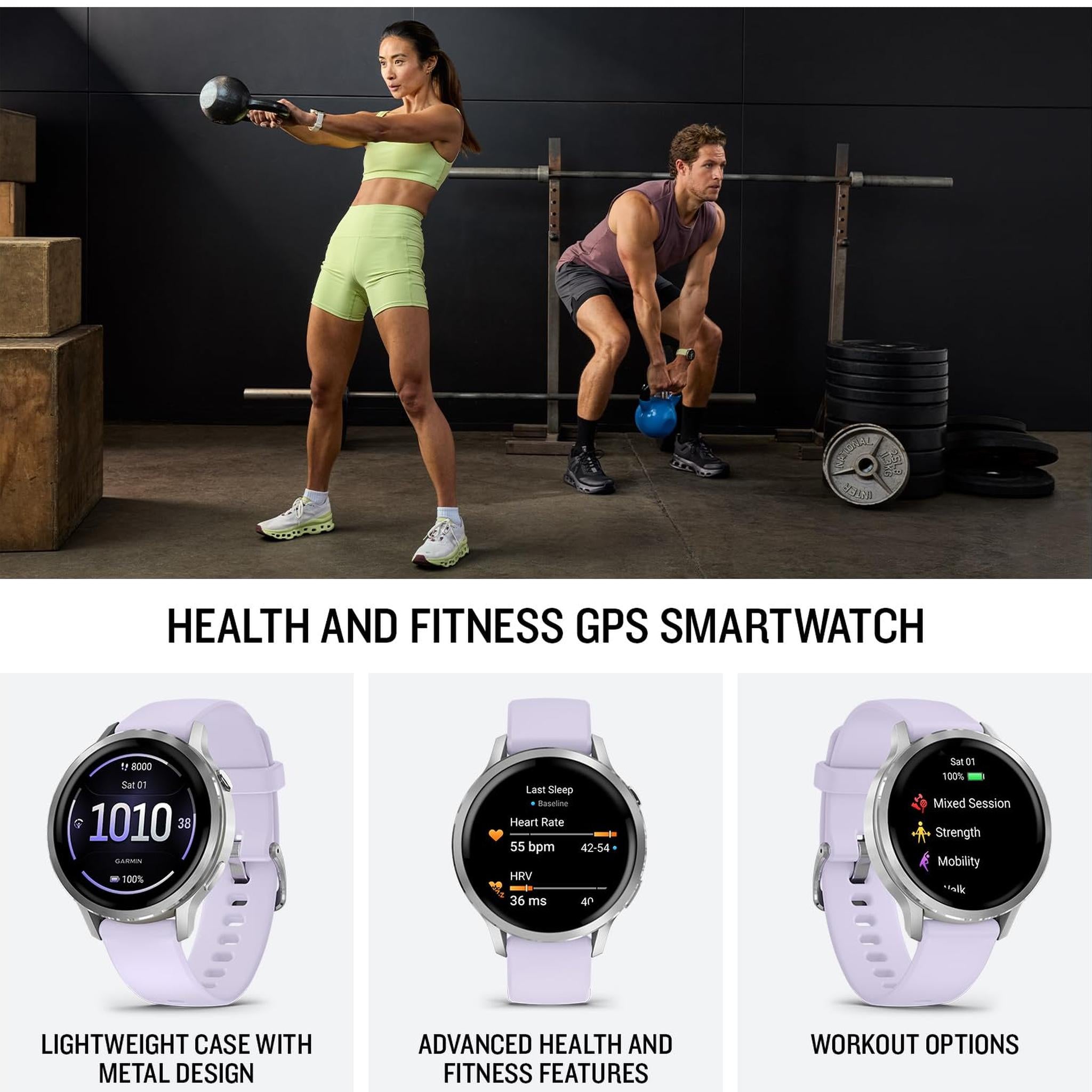 Garmin Venu® 4, 41mm, Advanced Health and Fitness GPS Smartwatch, Bright and Colorful Display, Built-in Flashlight, 10 Days of Battery Life, Silver with Periwinkle Silicone Band