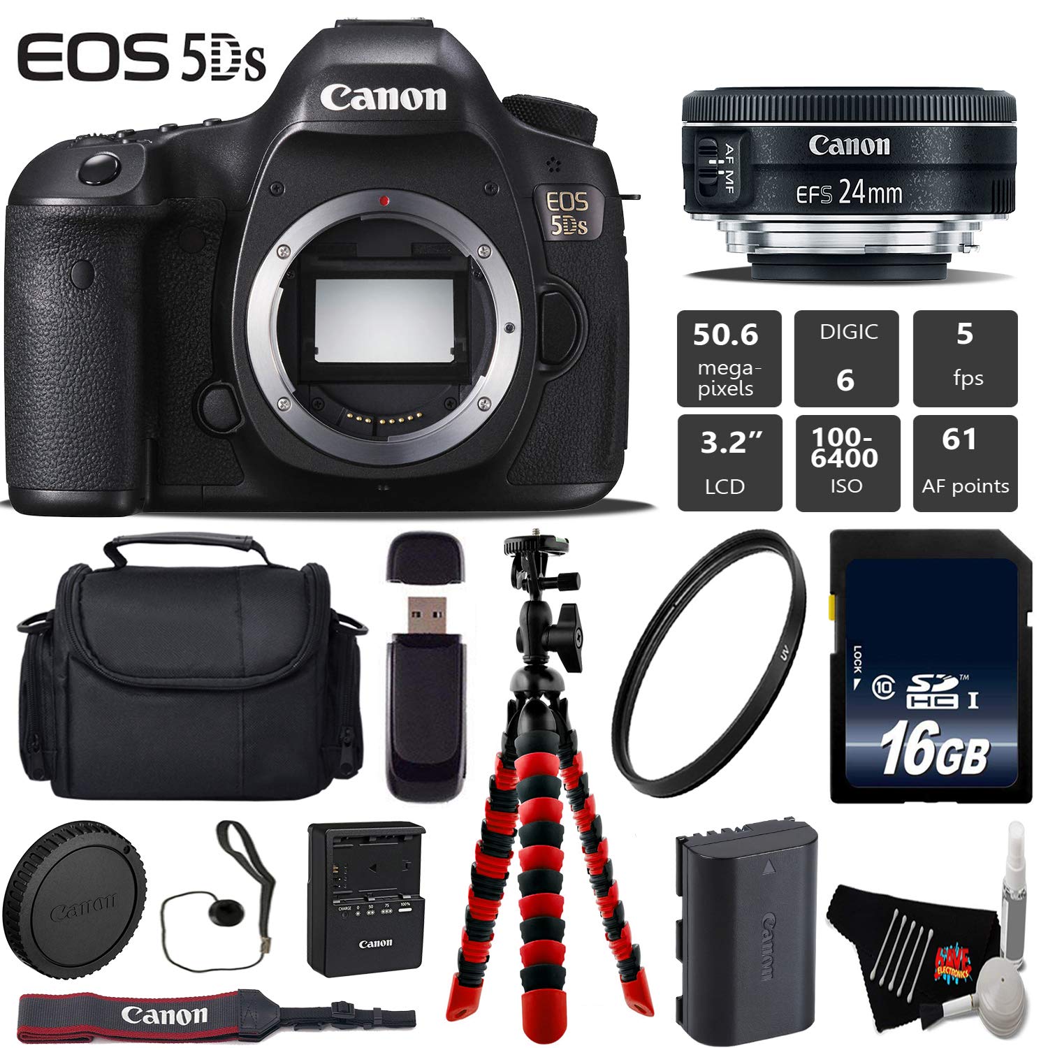 Canon EOS 5DS DSLR Camera with 24mm f/2.8 STM Lens + Wireless Remote + UV Protection Filter + Case + Wrist Strap Base Bundle